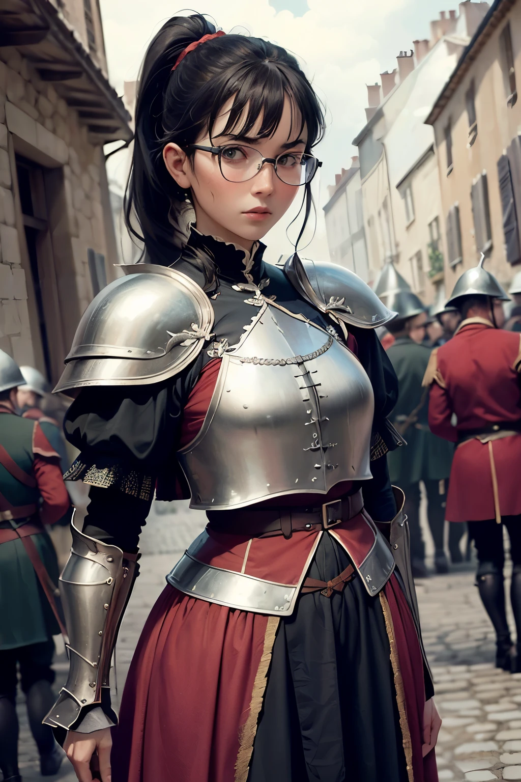 ((wide angle shot of the Hundred Years' War in France)), a beautiful woman, black hair in a ponytail, bangs, wearing glasses, wearing Jeanne d'Arc armor