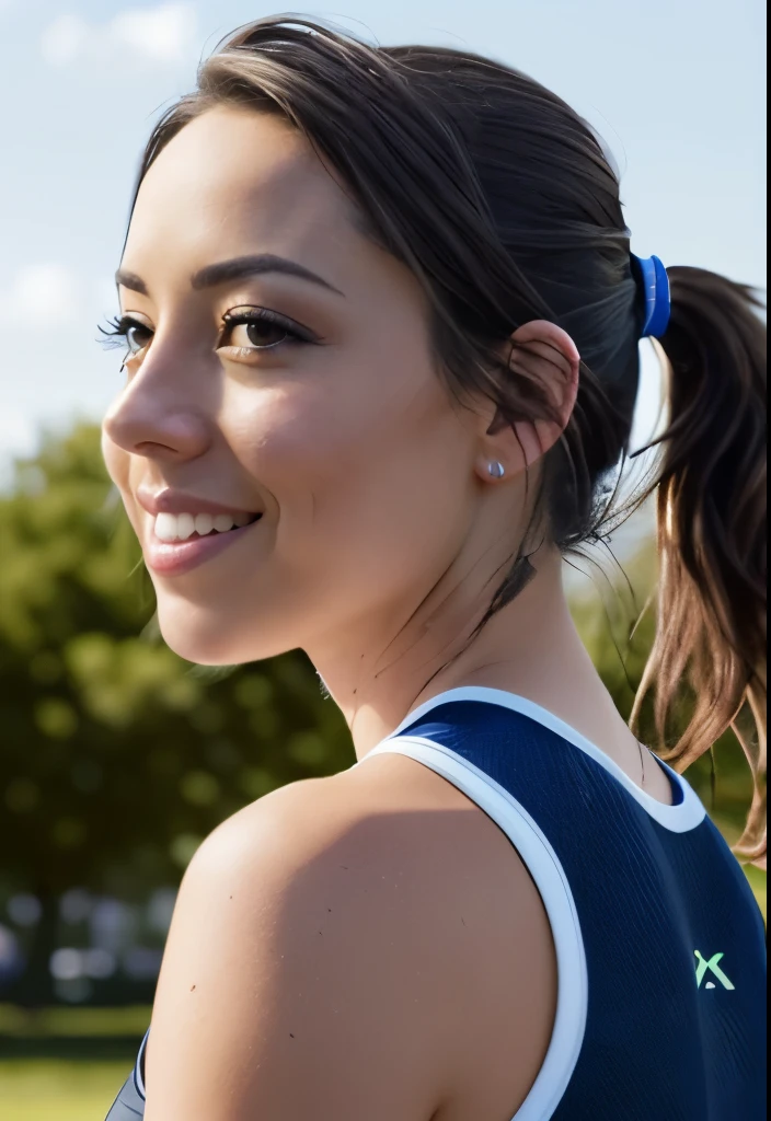 masterpiece, lifelike image from being of AubreyPlaza, frowning, photo realistic, highly detailed, detailed face, giggling, ((hair in a ponytail)), windswept, dramatic lighting , in the park, wearing running clothes