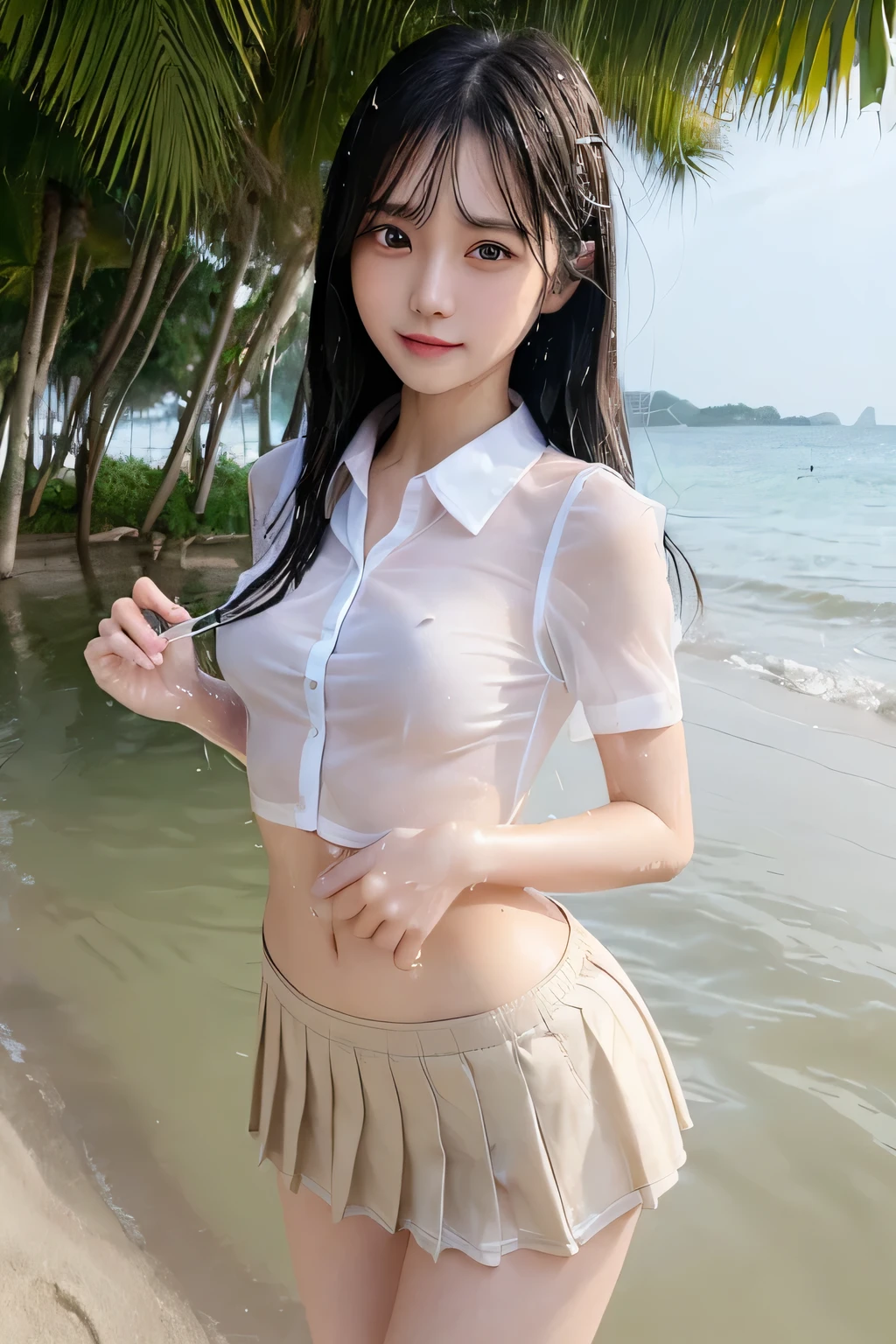 pieces fly、masterpiece、highest quality、Super detailed、High resolution、High resolution、8K portrait、Unity 8k壁紙のHigh resolutionCG、unity 8k wallpaper、cute:1.5、:1.5、Highly detailed CG unity 8k wallpaper、realistic、real person、 portrait photography、shiny skin、High resolution、(25 years old:1.2)、(1 girl)、beautiful clear eyes、very detailed explanation、delicate face、nice lips、slender body、thin waist、thin legs、(big smile:1.2)、(school uniform:1.2)、(beach:1.2)、(pleated skirt:1.2)、(take a pose:1.2)、((collared shirt:1.4))、((wet with water:1.5))、(Bra showing through the top of clothes:1.5)、((bras are contagious))、(small breasts:1.8)、(flat chest:1.5)、(collared shirtが濡れる:1.6)