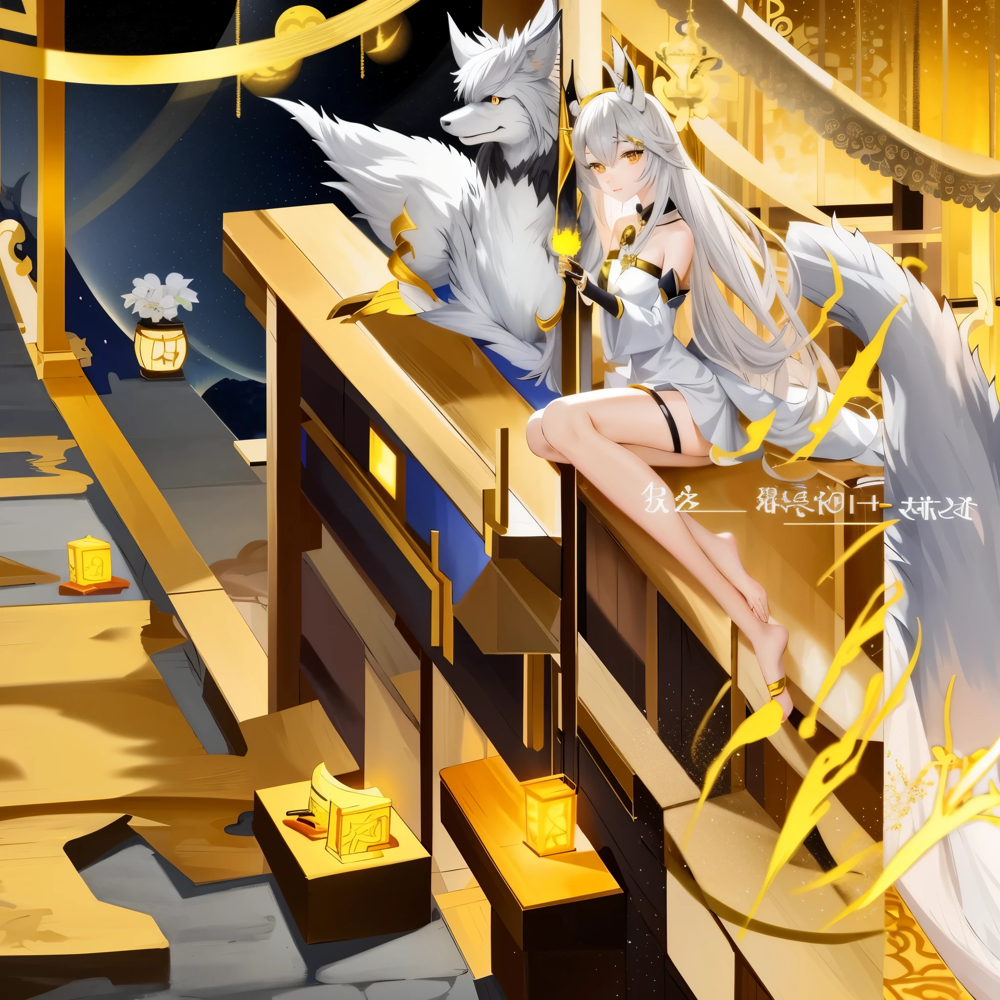 (best quality,4k,8k,highres,masterpiece:1.2),ultra-detailed,(realistic,photorealistic,photo-realistic:1.37),girl on a bench with a bird in her hand,Arknights,furry fox,popular topics on pixiv,cgstation,popular topics on artstation, a golden white robe,fairytale-like render,painterly details from Onmyoji,pixiv contest winner,3D artwork from pixiv, white-haired deity