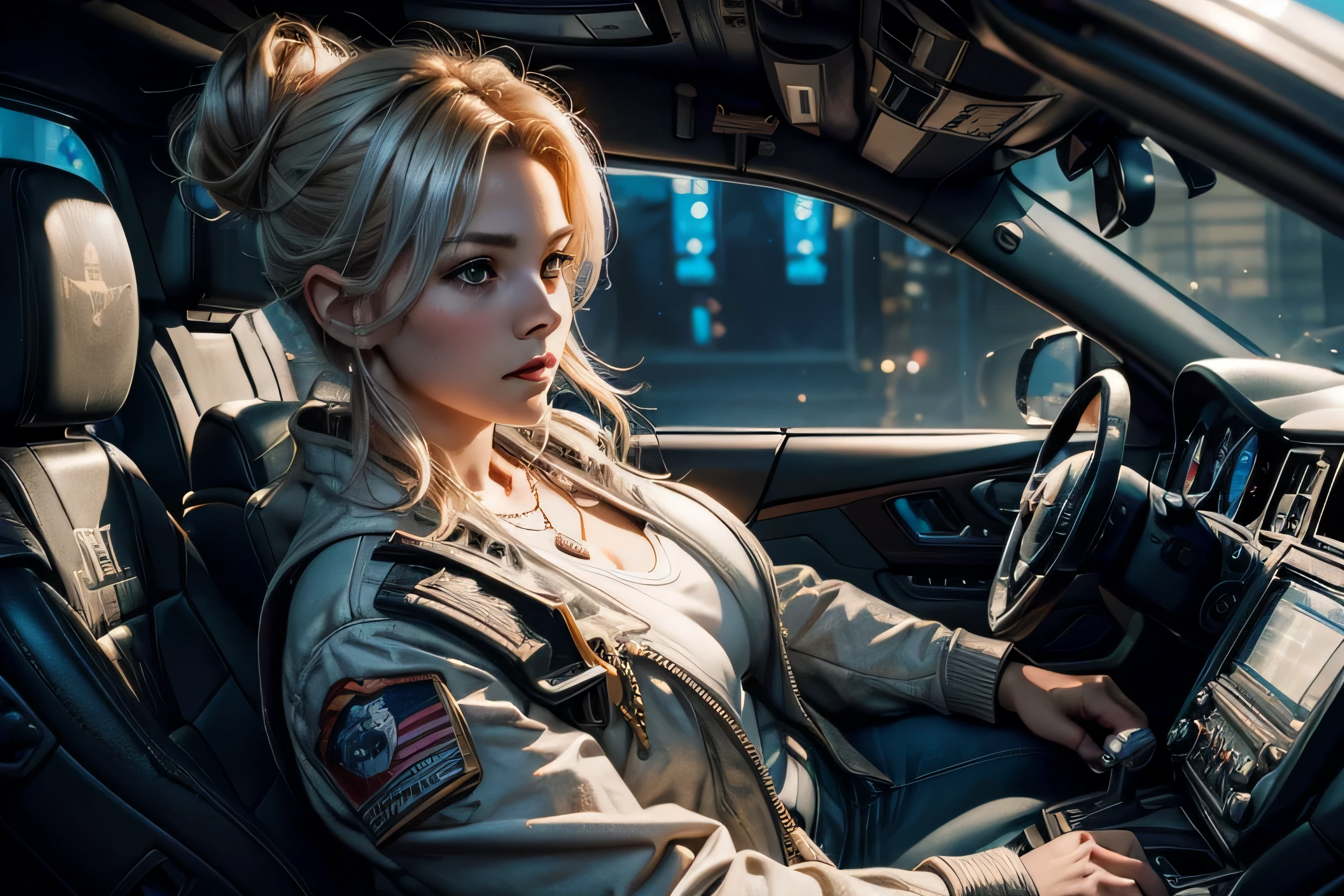 beautiful american milf with blonde hair, fighter pilot, detail face, she have a brown eyes, realistic face, detail face, realistic skin, skin pore, vibrant, dramatic lighting, 8k resolution picture, high detail on the photo, very realistic picture, dramatic lighting, fullbody, depth, shadow, dramatic shadow, one of a kind photo, sharp photo, sharpness on the detail, looking at the camera, half body view, (((Best Quality, masutepiece: 1.3)), long hair, ultra high res. photorealistic:.1.4, cinematic lighting, bloom, film grain, Fujicolor, high quality, masterpiece, 8K, UHD, UHD, retina, textured skin, super detail, high details, highres, 16k resolution, award winning, high quality, high details, super detail, messy bun hair, 54 years old, necklace, chubby, fat, she is in gundam cockpit, using silver suit, half worn silver suit, no finger shown