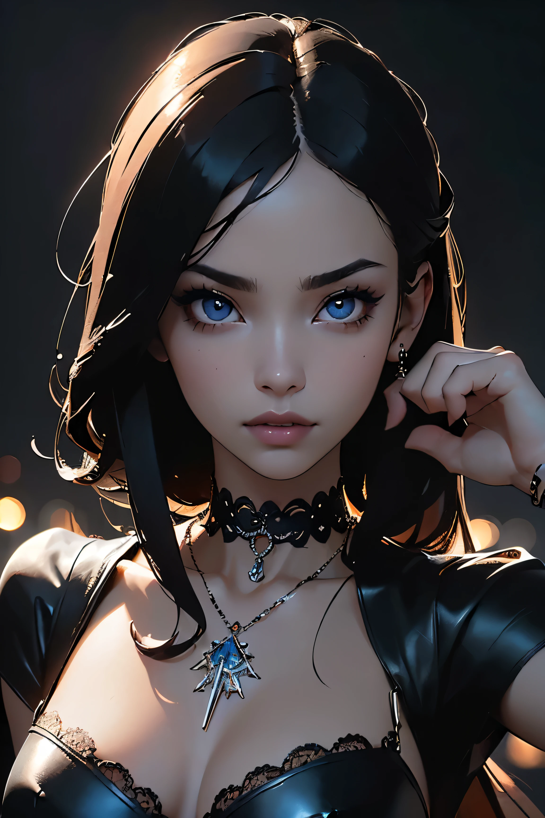 (masterpiece:1.5, best quality:1.5), perfect body, (hand reference anatomy:1), 1girl, solo, (beautiful, aesthetic, perfect, delicate), (depth of field:1.2), (1girls, solo), detailed eyes, ((perfect eyes)), girl, anime 2d, 2d, (portrait of a woman with a steel choker around her neck, Asian female, gothic accessories, Instagram model, sexy look, intricate black choker, high-resolution, dramatic lighting, close-up, dark and moody, stylish, fashion photography, trending on Instagram), black jewelry, devil queen, Emylie Boivin, Bian Luan, Ekaterina, Asian girl