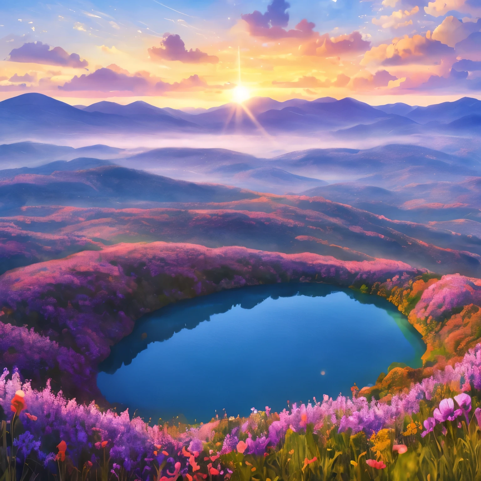 Nearby is the forested Great Plains，Flowers are blooming even in the plains，There is a lake，there is a stone，A hazy mountain in the distance々I can see，The sky was colored by clouds，the morning sun rises，Starlight，watercolor asterpaintings 