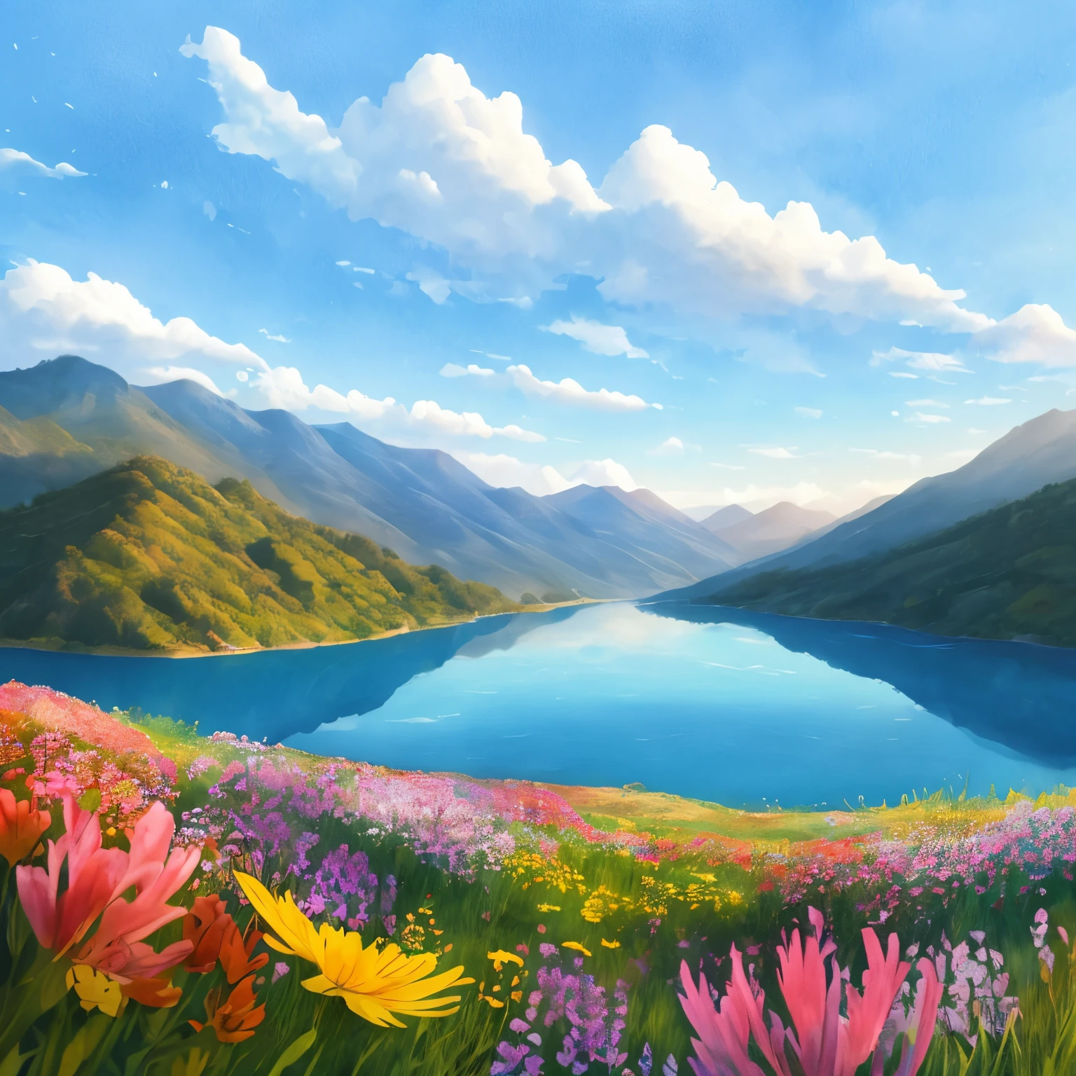 Nearby is the forested Great Plains，Flowers are blooming even in the plains，There is a lake，there is a stone，A hazy mountain in the distance々I can see，The sky was colored by clouds，the morning sun rises，Starlight，watercolor asterpaintings 