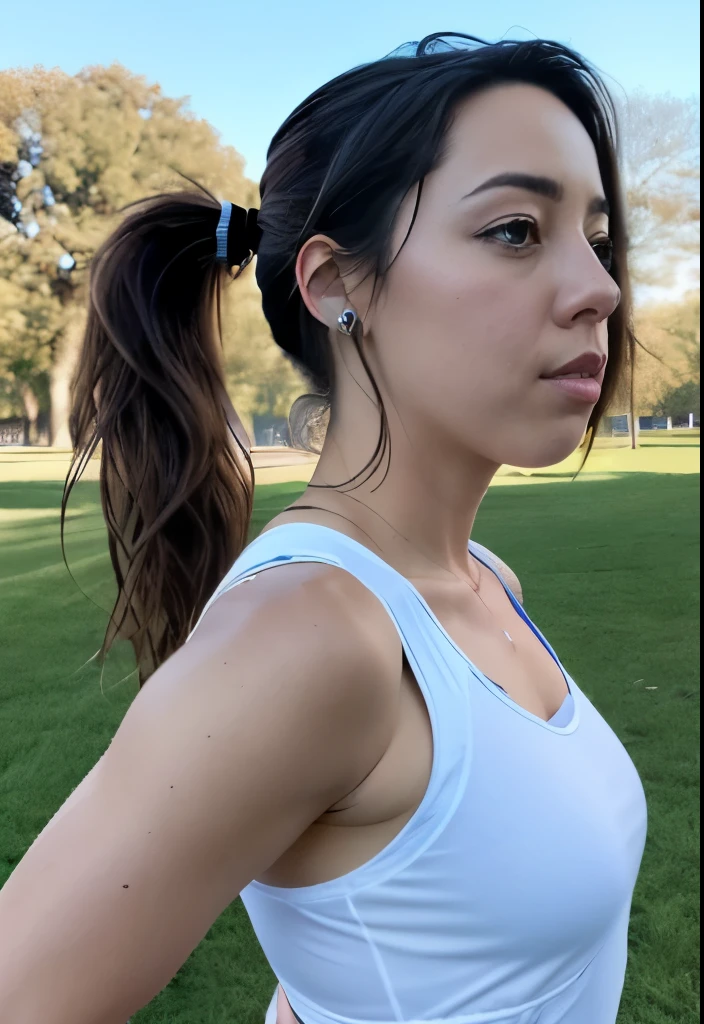 masterpiece, lifelike above her waist image of AubreyPlaza, frowning, photo realistic, highly detailed, detailed face, ((hair in a ponytail)), windswept, dramatic lighting , in the park, wearing running clothes