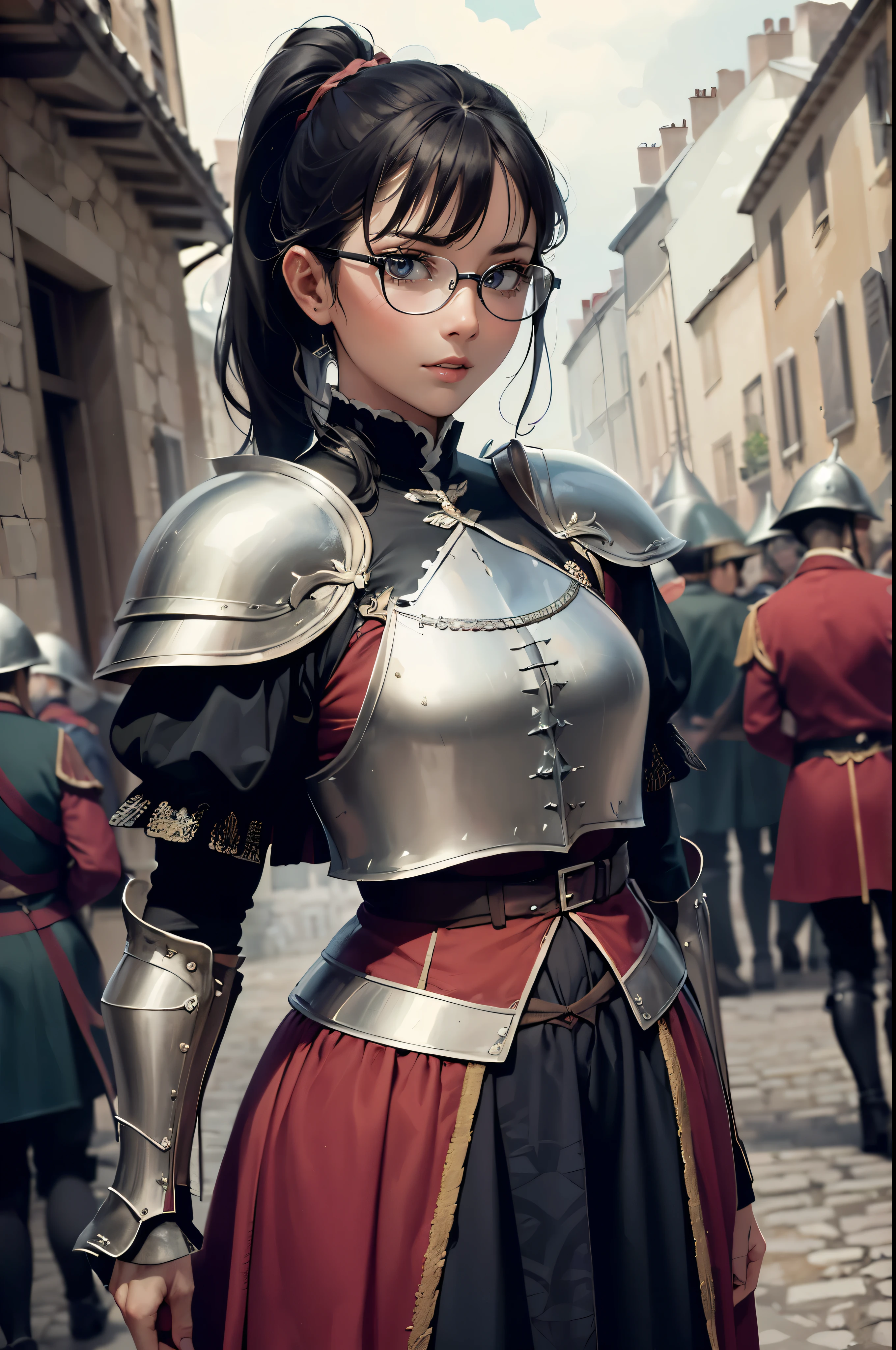 ((Wide angle view of the Hundred Years' War in France)), beautiful young woman, black hair in a ponytail, smooth, wear glasses, สวมชุดเกราะของ Jeanne d'Arc