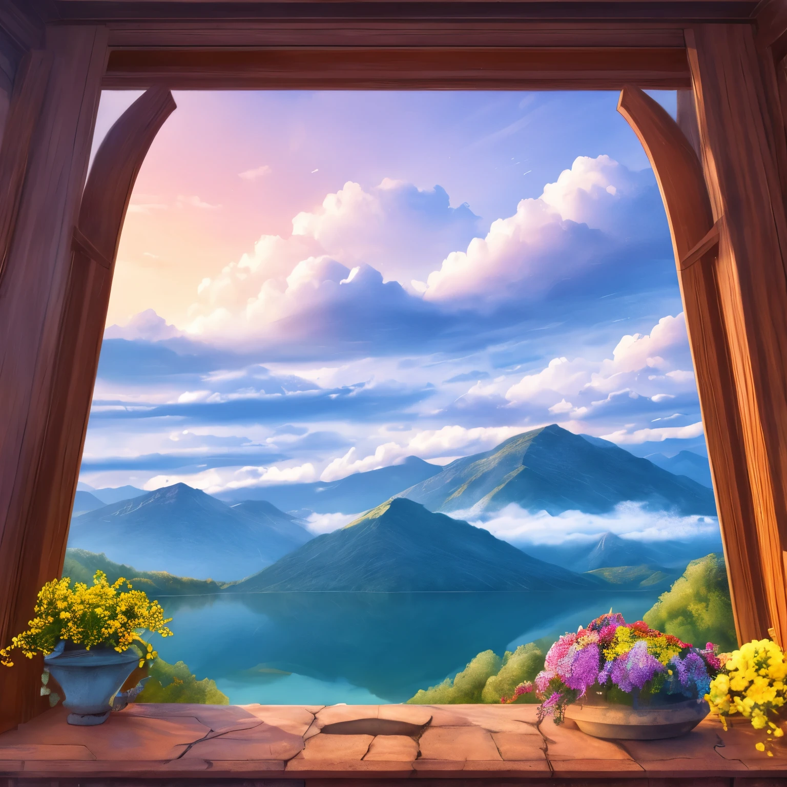 Nearby is the forested Great Plains,Flowers are blooming even in the plains,There is a lake,there is a stone,A hazy mountain in the distance々I can see,The sky was colored by clouds,the morning sun rises,Starlight,watercolor asterpaintings