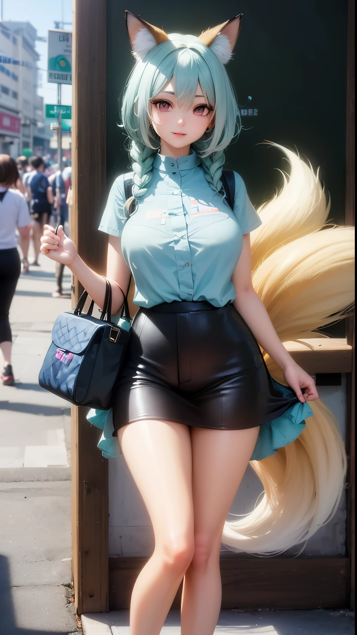 Mujer de estilo anime con falda corta y orejas de gato posando para una foto., estilo anime realista 3d, estilo animadod 3d, mini estilo lindo peludo femenino, estilo animado. 8K, anime 3d realista, small curves , grueso, anime hiperrealista, [ 4 k photorealism ]!!, traje intrigante, [ 4 k photorealism ]!!! (PINK EYES) (PINK HAIR) (BEAUTIFUL GIRL) (POSITION VARIATION) (WELL-DETAILED EYES) 