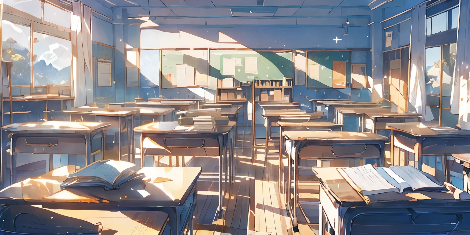 (Obra maestra:1.2), Mejor calidad,pixiv,cozy animation scenes,
aula, no humanos, escritorio, pizarra, ventana, escenario, adentro, silla, escuela, escuela escritorio, luz de sol, filigrana, escuela silla, cortinas, day, libro
 