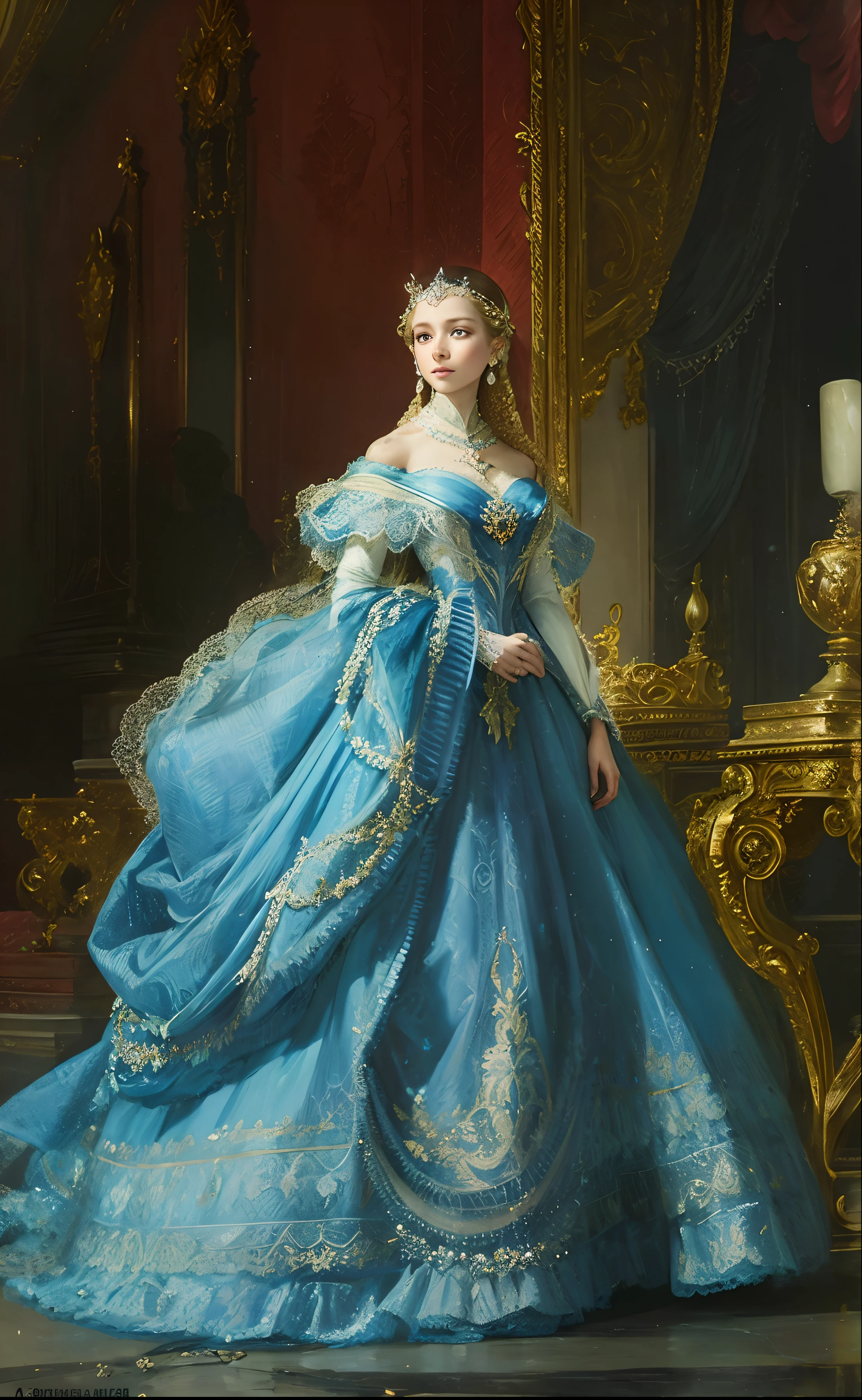Formal and Official Coronation Portrait, Portrait of a stunningly beautiful young blonde Princess wearing A Stately and Elaborate Royal Cinderella Court Gown and an hourglass waist, adorned with bows, embroidery, and jewels, , pearl necklace and earrings
