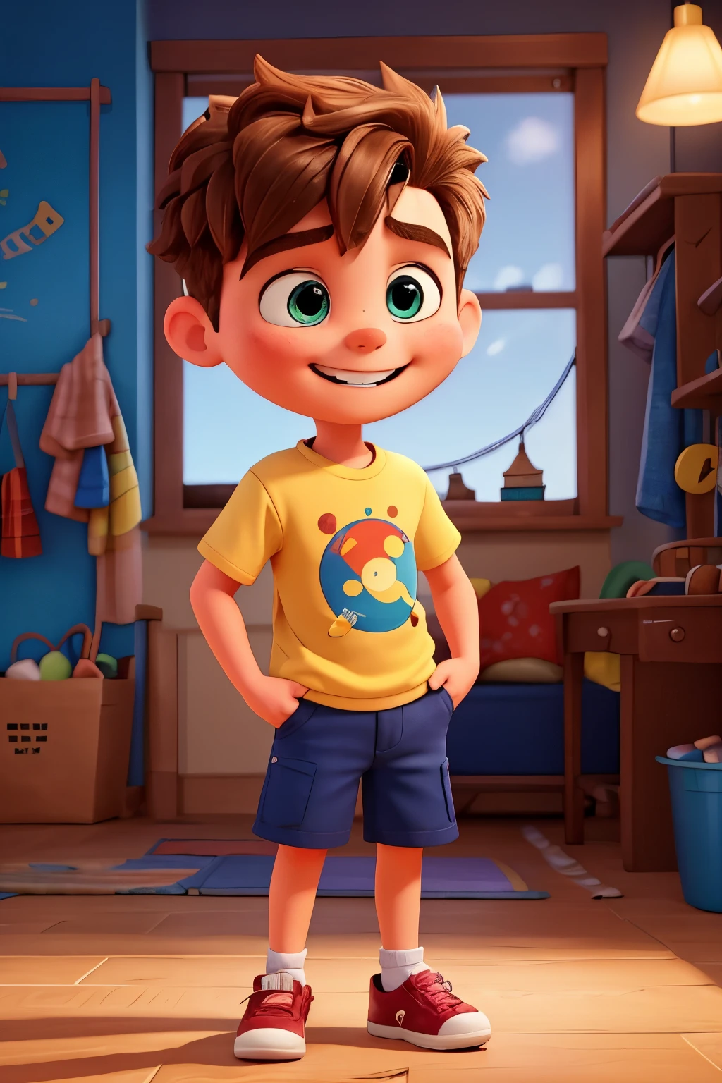 Meet Tom, our vibrant 7-year-old protagonist, brimming with energy and insatiable curiosity. He boasts a medium build and a rounded face, graced with bright, sparkling eyes that glow with excitement. Tom's infectious grin illuminates the surroundings, spreading joy and wonder. Clad in a short-sleeved shirt, comfy shorts, and trendy sneakers, Tom is prepared for his thrilling escapades. His hair, neatly trimmed into a buzz cut, lends him a well-groomed and sharp appearance.