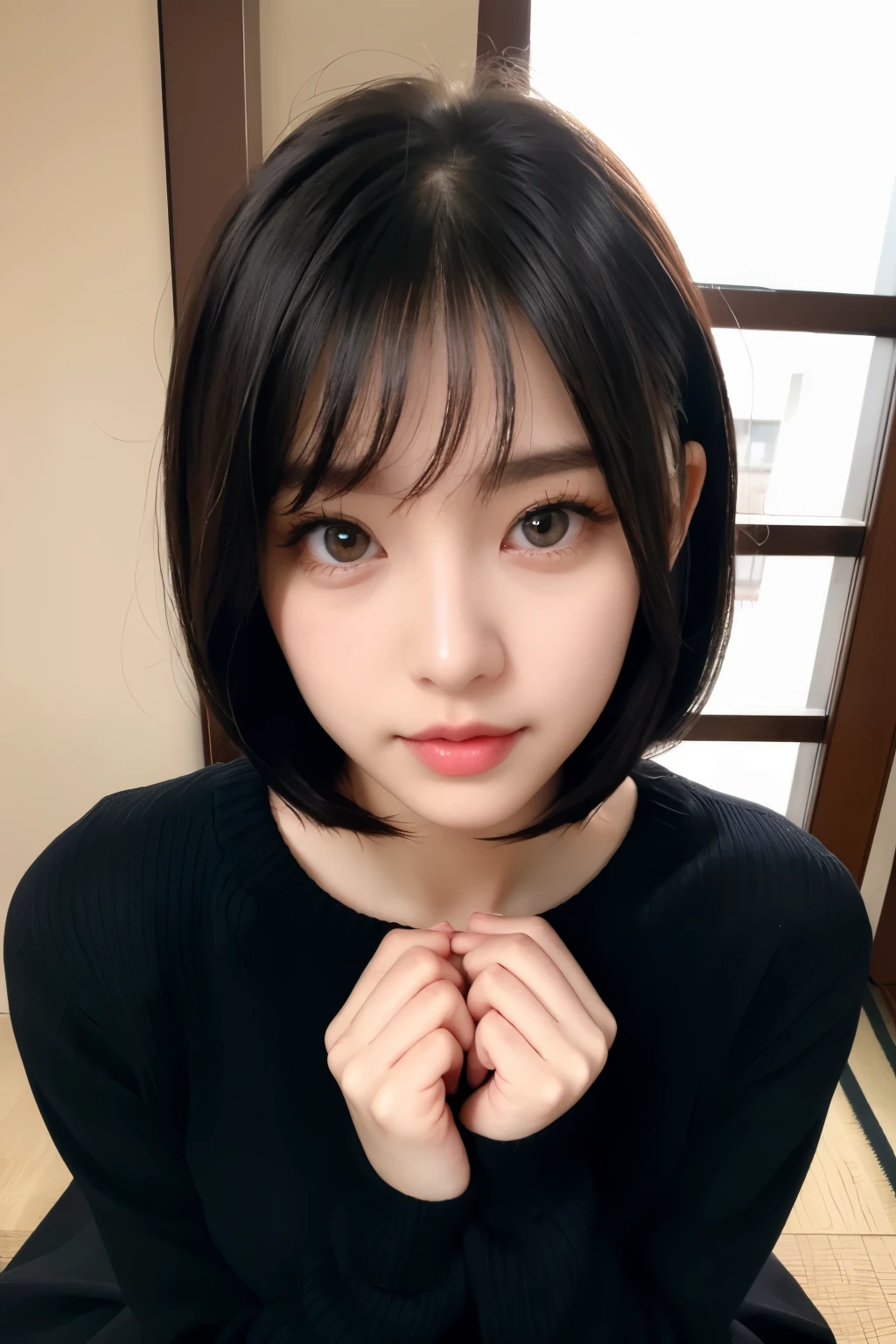 {{NSFW}},((highest quality、In 8K、masterpiece:1.1)),(natural light),(glowing:1.4),(lighting forward),1 woman in Japan、japanese woman、28 year old adult woman、japanese girl、black hair、shortcut、bob hair、Woman with dark eyes、Drooping eyes、drooping eyes、cute big eyes、Beautiful double eyes、cute face、delicate and beautiful skin、human-like skin、Realistic skin feel、複雑な色hair、complicated hairstyle、luster々hair、looking at camera、A woman looking slightly upwards、double round big eyes、very delicate eyes、super detailed face、High-definition lips、thick lips、emphasize the face、clear white skin、beautiful white woman、A woman with big breasts who looks good in a black knit sweater、Beautiful woman wearing small black clothes、Clothing that shows off big breasts、above the knee、beautiful feet、