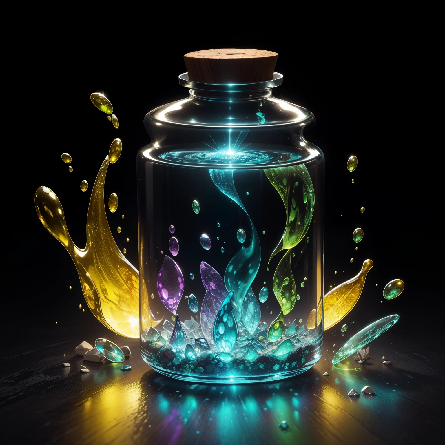 In the center of the scene, a mesmerizing vial crafted with meticulous detail by the skilled hands of Ferdinand Knab and Martha Diamond comes to life. The vial is encrusted with intricate textures, reflecting the masterful blend of their digital graphics art. A thick, glossy layer of slime oozes out, catching the light in a shimmering display of iridescence.

The vial is not still, however, as splashes of slime and bubbles burst forth, creating a mesmerizing ripple effect that captivates the eye. The vibrant, bioluminescent colors of the substance contrast starkly against the dark background