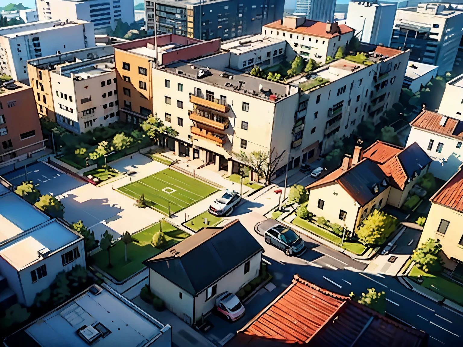Aerial view of the escuela building with a football field in the middle, edificio completo, private escuela, vista superior, Japan High School, old escuela, foto tomada desde arriba, escuela courtyard, escuelas, American escuelas, Aerial view from above, seen from a bird&#39;s eye view, escuela, vista de ariel, vista desde lo alto, [ vista hacia abajo ]!!, aerial shot