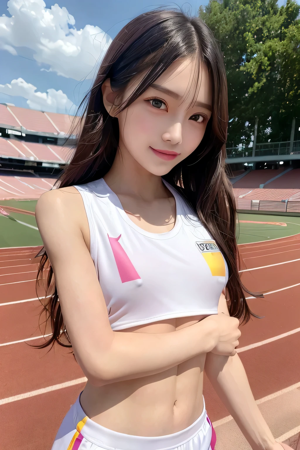 pieces fly、masterpiece、highest quality、Super detailed、High resolution、High resolution、8K portrait、Unity 8k壁紙のHigh resolutionCG、unity 8k wallpaper、cute:1.5、:1.5、Highly detailed CG unity 8k wallpaper、realistic、real person、cute、 portrait photography、shiny skin、High resolution、(20-year-old:1.2)、(1 girl)、beautiful clear eyes、very detailed explanation、delicate face、nice lips、slender body、thin waist、long and thin legs、(athletics stadium:1.3)、(small breasts:1.6)、(Colorful sleeveless track and field uniform:1.4)、(The nipples are transparent:1.3)、(smile:1.2)、(abs:1.4)、(take a pose:1.3)、(flat chest:1.4)