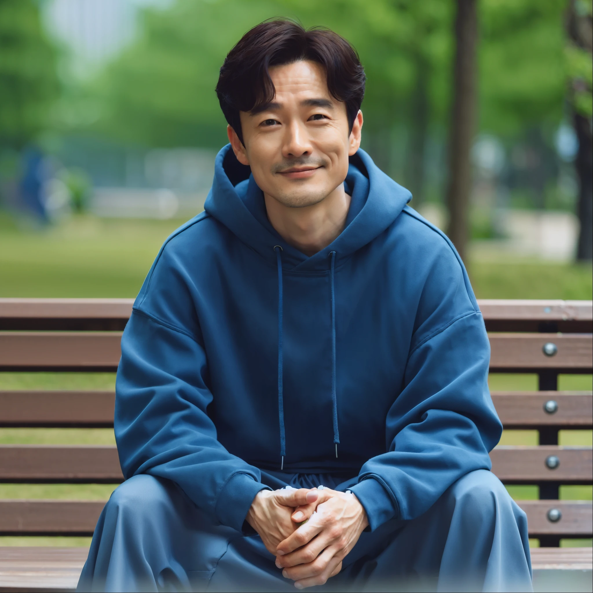 Araped man sitting on a park bench holding cell phone, korean artist, john park, Satoshi, Naoki Ikushima, Works inspired by Kim Eung-hwan, Korean Men, portrait photography, Jaeyeon Nam, Brother - Kim Tae, Kim Hyeong-tae, NFT Portrait, Hyuntae kim, love michael, Hyuntae