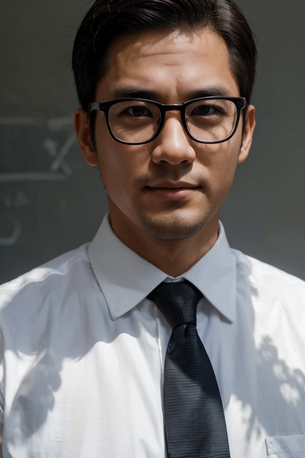 RAW photos, math teacher, Cool 36 year old face portrait photo. Korean Men, handsome face, I wear glasses, Wearing a white shirt and tie, happy face, solid shadow, shoot, dramatic lighting
