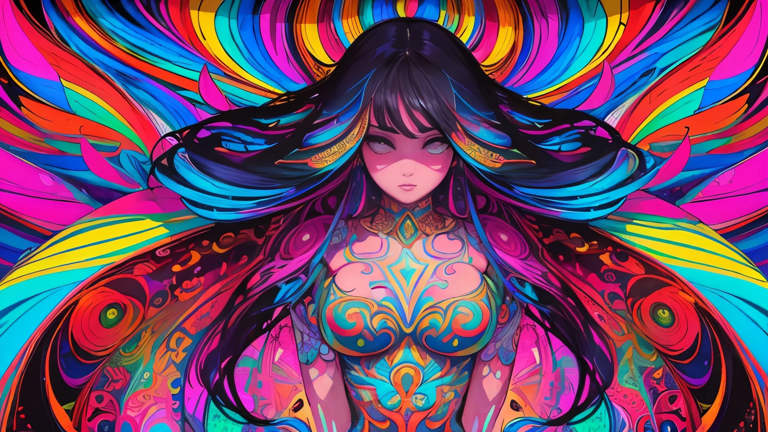 (psychedelic art:1.3), (obra de arte, melhor qualidade:1.3), crystal rae, sombreamento celular, contornos em negrito, cores planas, sharp shadows, Graphic style, (manga influence), linhas limpas, (visual marcantefundo multicolorido