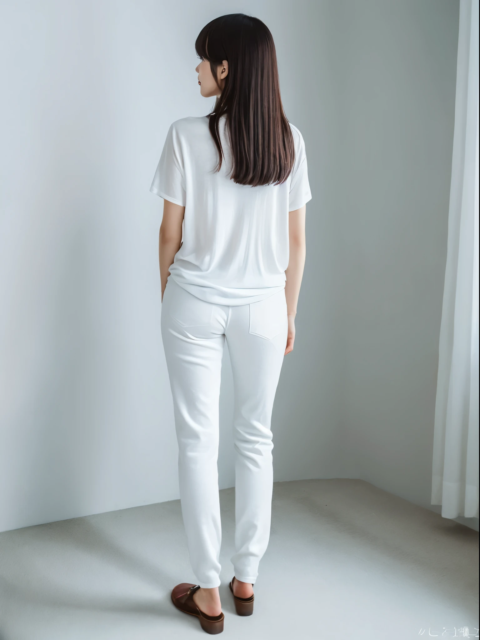 ((masterpiece,highest quality)), (photo-realistic:1.4),8k,High resolution, Japanese, 1 beautiful woman, medium hair, faintly thin bangs, Age 32 years old, fine skin, T-shirt, white sweatpants, Are standing, white background, white room,white wall, full body photo、back、leaning forward