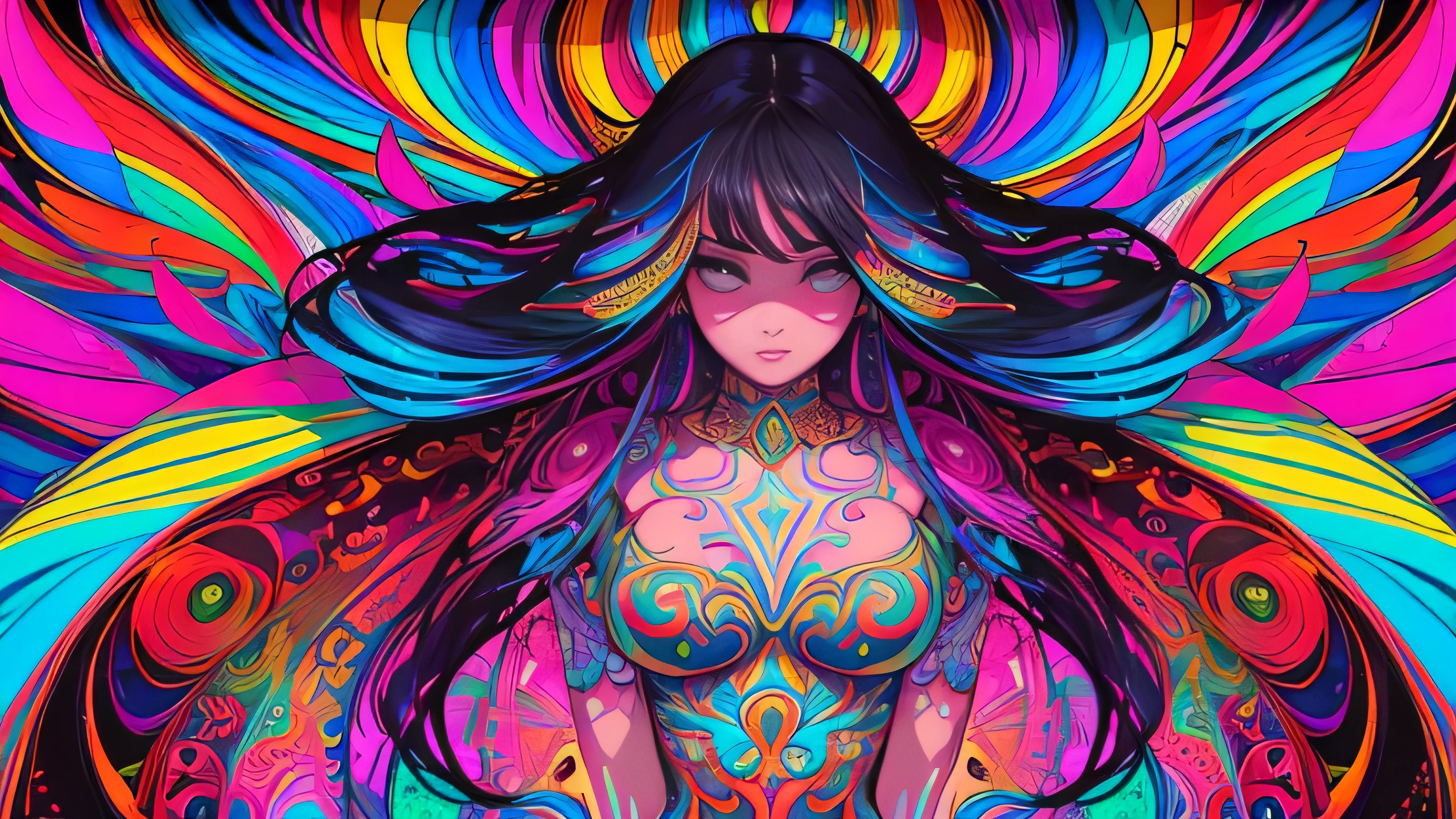 (psychedelic art:1.3), (obra de arte, melhor qualidade:1.3), cristal rae, sombreamento celular, contornos em negrito, cores planas, sharp shadows, Graphic style, (manga influence), linhas limpas, (visual marcantefundo multicolorido