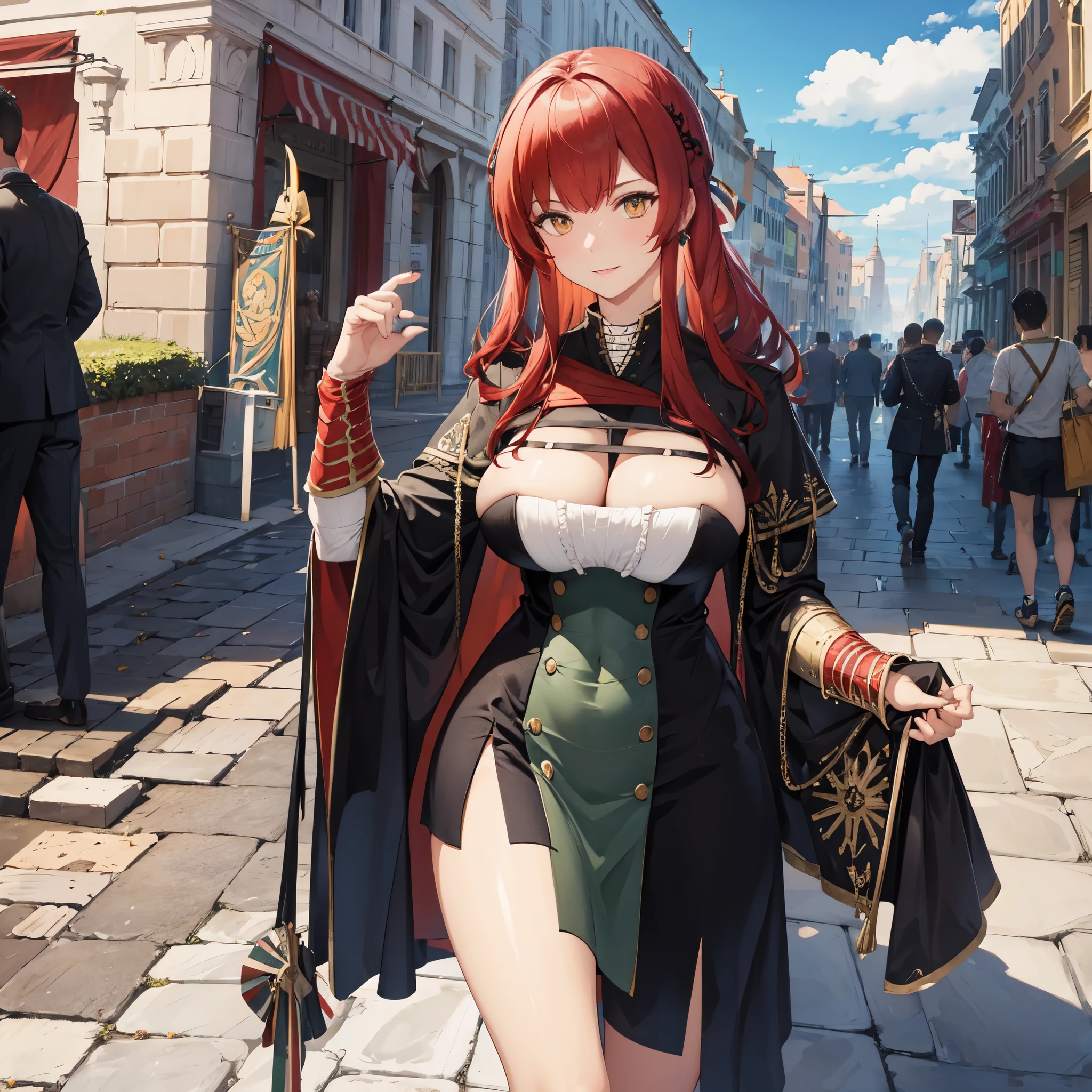 a woman wearing roman legion armor in the city of ancient rome
