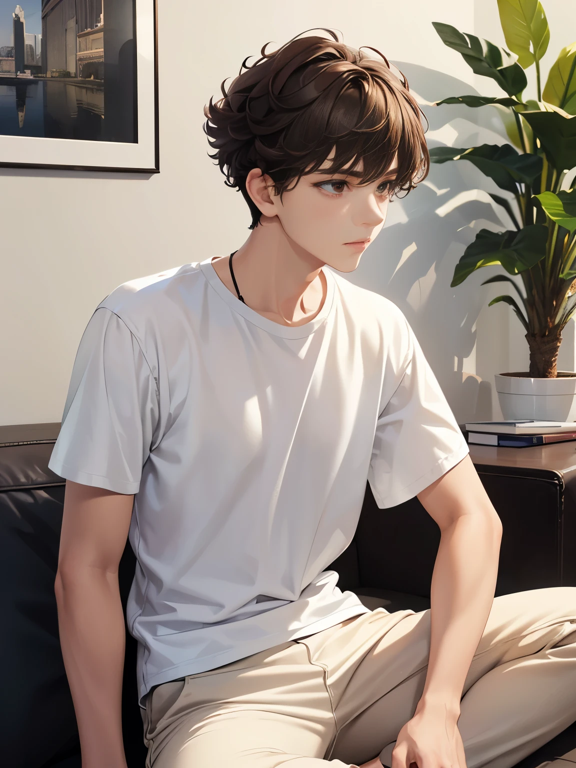 1boy,guy,Sitting in the living room, looking away, talking, morning,18 years old,Curly hair,medium hair,undercut hairstyle,light brown hair,Plain t-shirt, white t-shirt,black trousers,ultra detail, perfect face, hd face, detailed face, masterpiece 