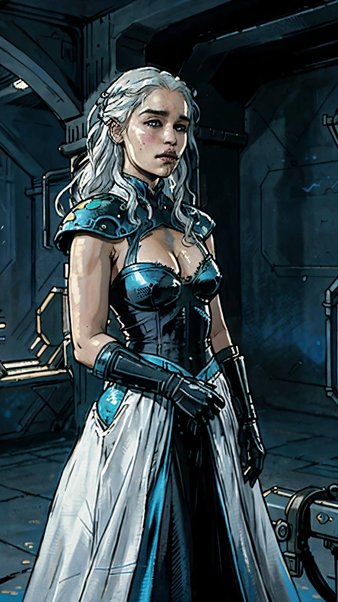 cyberpunk, (Emilia Clarke) as Daenerys Targaryen, long white locks, sexy, revealing, cyberpunk, blue saree, cyberpunk dragon mistress, standing near big black cyberpunk dragon, 1woman, solo, beautiful detailed glow, detailed, cinematic light, intricate detail, realistic, highres, detailed facial features, high detail, sharp focus, smooth, aesthetic, extremely detailed, stamp, octane render