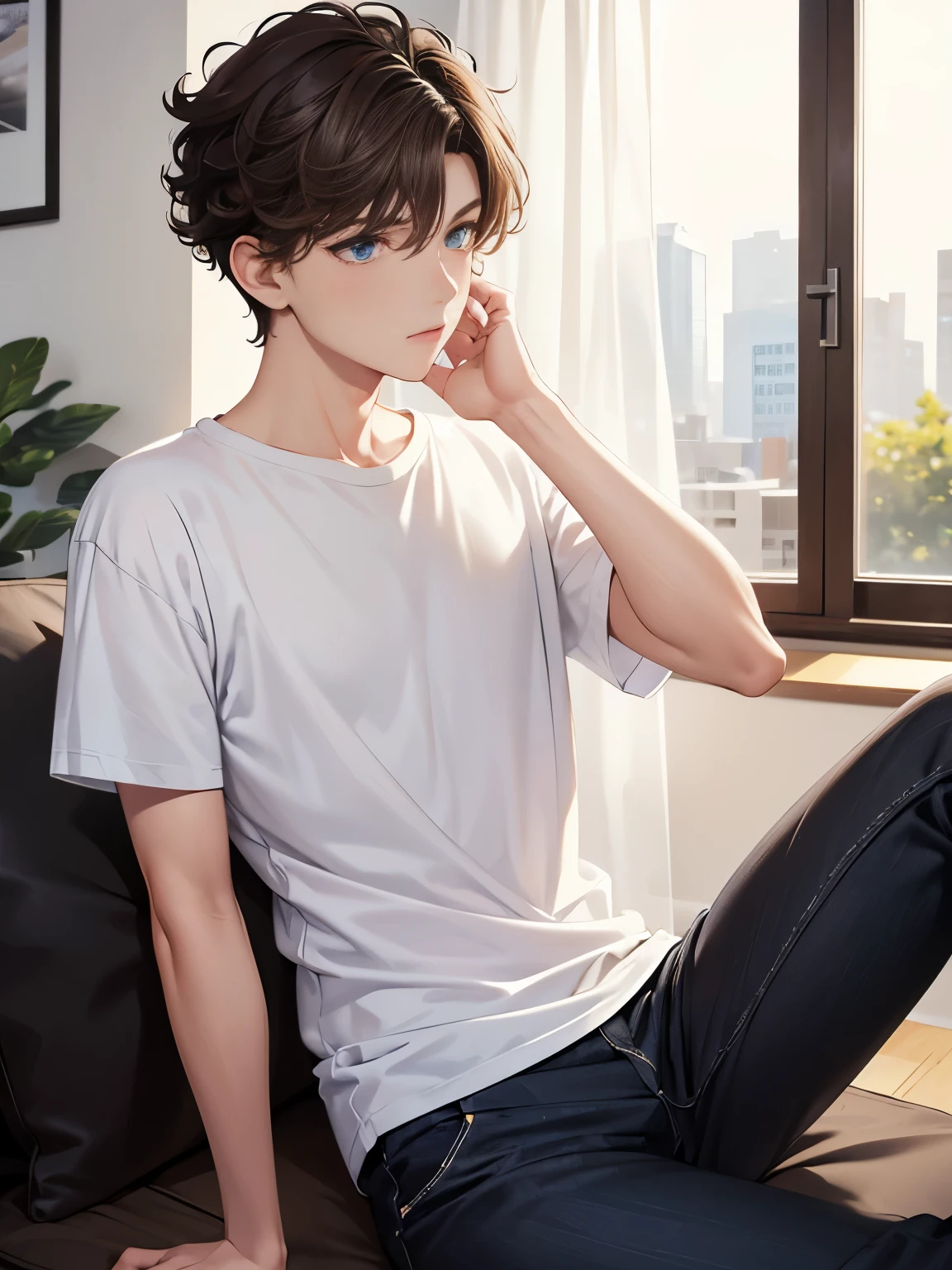 1boy,guy,Sitting in the living room,blue eyes, looking away, talking, morning,18 years old,Curly hair,medium hair,undercut hairstyle,light brown hair,Plain t-shirt, white t-shirt,black trousers,ultra detail, perfect face, hd face, detailed face, masterpiece