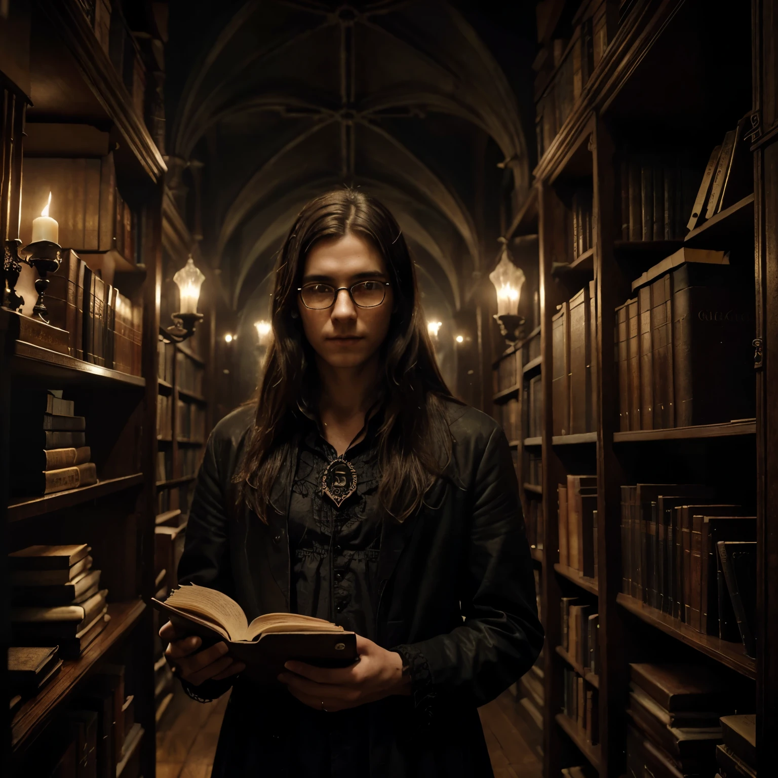 A young 19-year-old man taking care of a library in the 1920s, holding a black book, with long brown hair, dark circles under his eyes, and glasses, in a Lovecraftian-style environment. (best quality,4k,8k,highres,masterpiece:1.2),ultra-detailed,(realistic,photorealistic,photo-realistic:1.37), gothic style architecture, dimly lit atmosphere, mysterious shadows, dusty books, antique furniture, elaborate bookshelves, aged paper texture, flickering candlelight, eerie ambiance, ancient manuscripts, intricate engravings, supernatural presence, tentacle-like vines, otherworldly creatures lurking in the shadows, hauntingly beautiful.