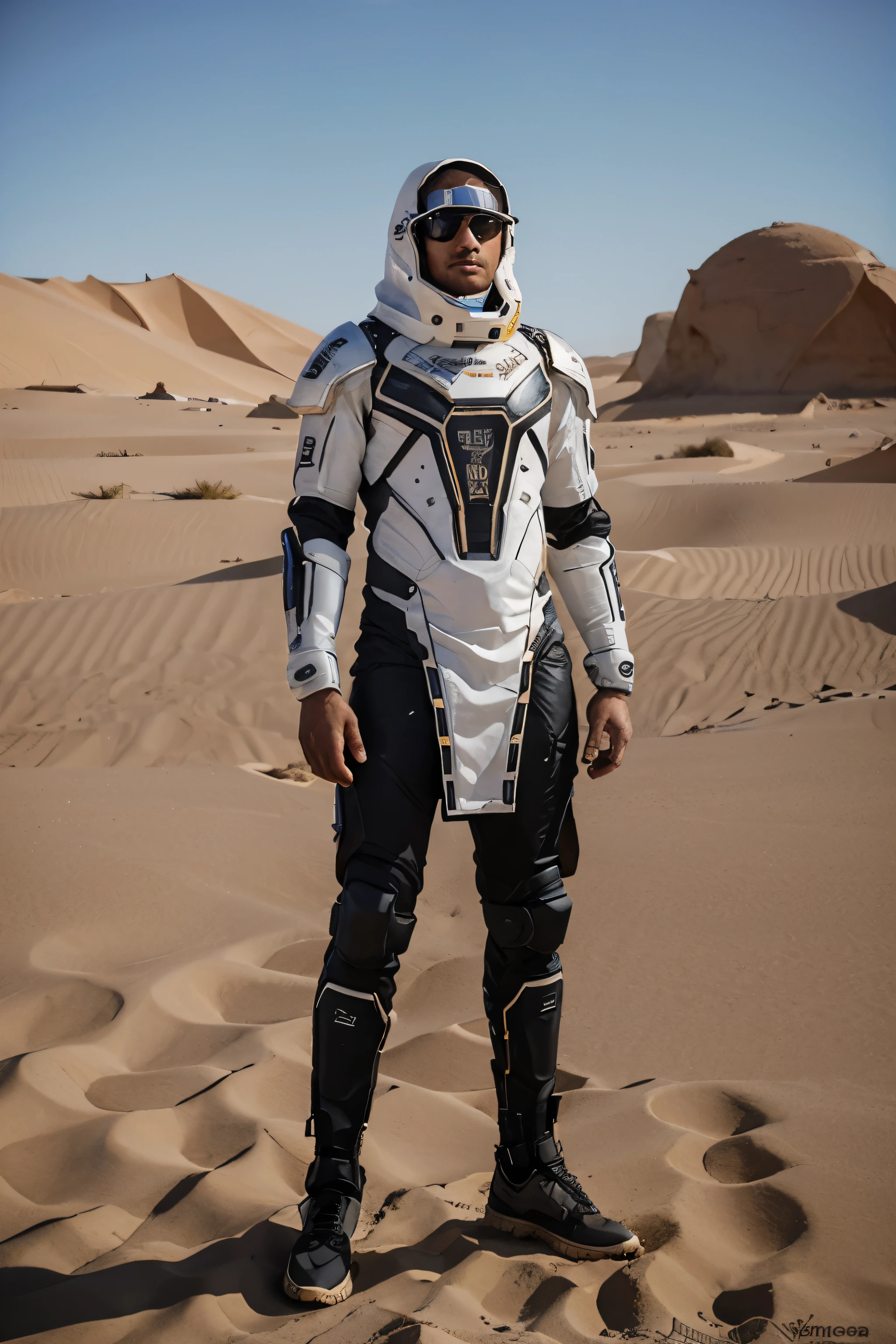 um homen do futuro vestido com uma roupa cybernetica em um latifundio parecido uma nave a margem do deserto ao fundo algums predios destruidos 