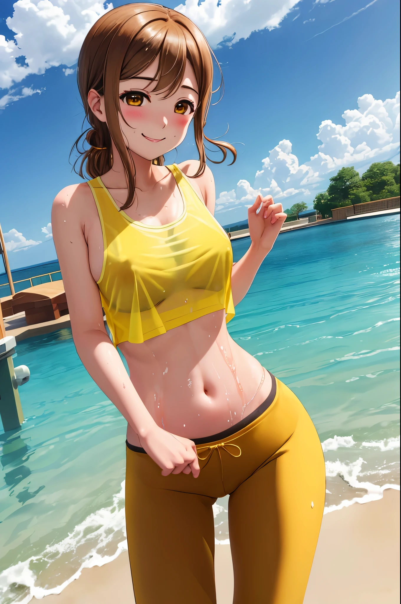 masterpiece, best quality, solo, cowboy shot,kunikida hanamaru, blushing , smile , yellow tank top,tank top is see through and soaked by sweat,navel, brown yoga pants , outdoor, standing,no bra , nipple 