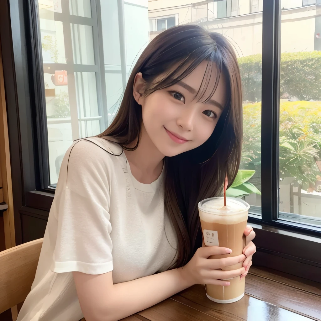 sit by the window of a cafe、Portrait of a beautiful woman smiling while looking at the scenery outside。she is wearing casual clothes、He has a warm drink in his hand。Bright sunlight shines through the window、creating natural highlights in her hair。This image is、Capturing everyday beauty and a relaxed atmosphere、Designed to give viewers a warm feeling。