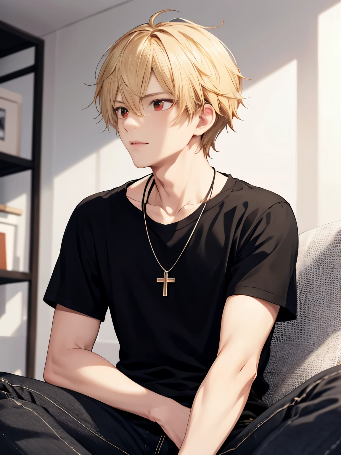 1 boy,solo,20 years old,guy,Sitting in the living room, looking away, talking,HD face,Focus on face,cross necklace,handsome,messy hair,Perfect face, detailed face, short hair, blonde hair,black t-shirt, Plain t-shirt,black t-shirt,short sleeve t-shirt,black trousers, Long pants,red eyes,bright red eyes, vampire