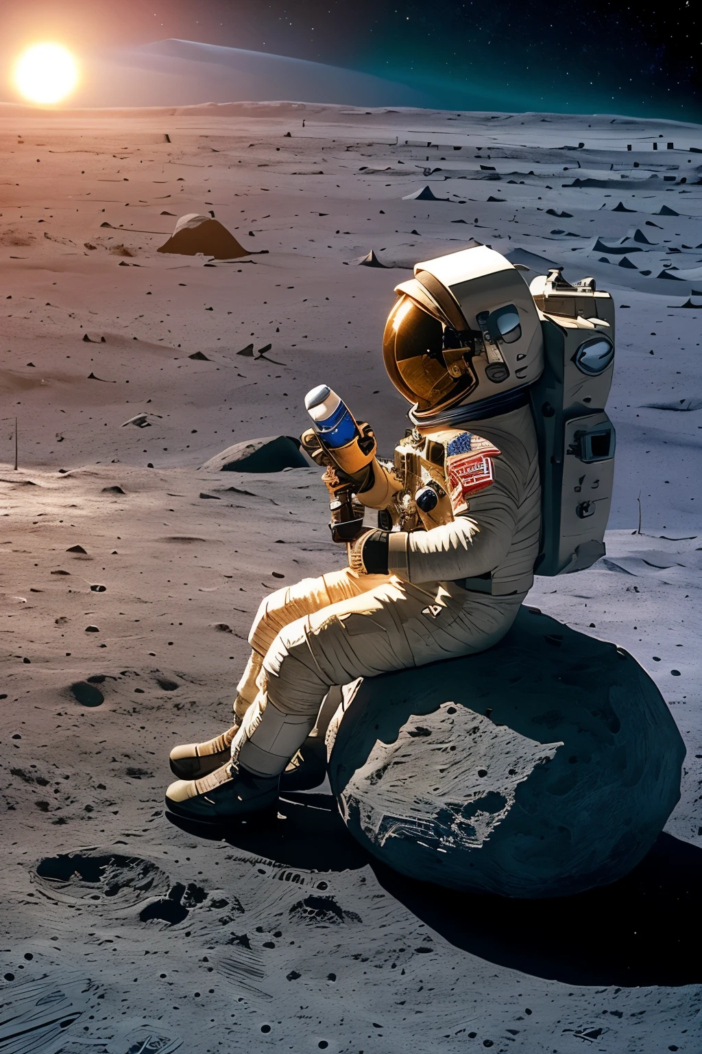 A solitary astronaut, clad in bulky spacesuit, leans against a lunar rock with a frosted bottle of beer in hand. His helmeted head tilted back, gazing at the ethereal, blue-marble Earth suspended in the vast expanse of space above. The rust-red desolate lunar landscape bathed in haloed, golden light of setting sun casts long shadows, creating an otherworldly contrast to the Earth's serene beauty. The astronaut, weary yet elated, takes a sip from the cold bottle, cherishing the fleeting moment of terrestrial connection amidst the silence and isolation of the lunar frontier. (Moon