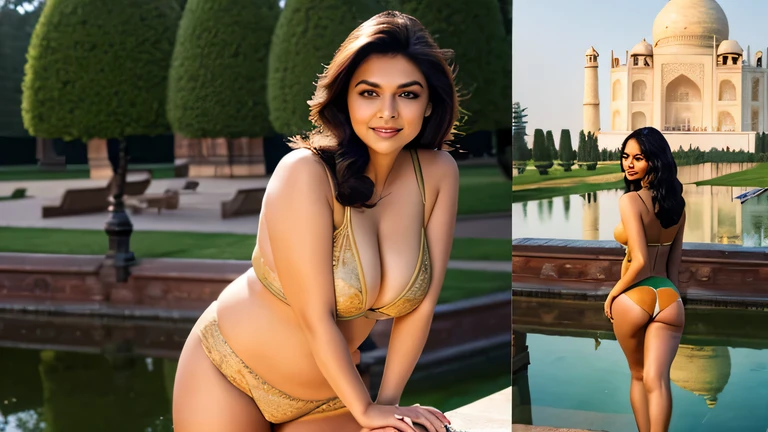 Agreeable, Plus size models, Indian princess in her 30s, my breasts are f cup, Very pretty, Standing in front of the Taj Mahal Lake, wearing a golden bra. She is prettier than Indian actress Deepika Padukone...... i have a big ass, This is a full body picture....., My body is dark. that&#39;s plus size, generally, big body., Very large