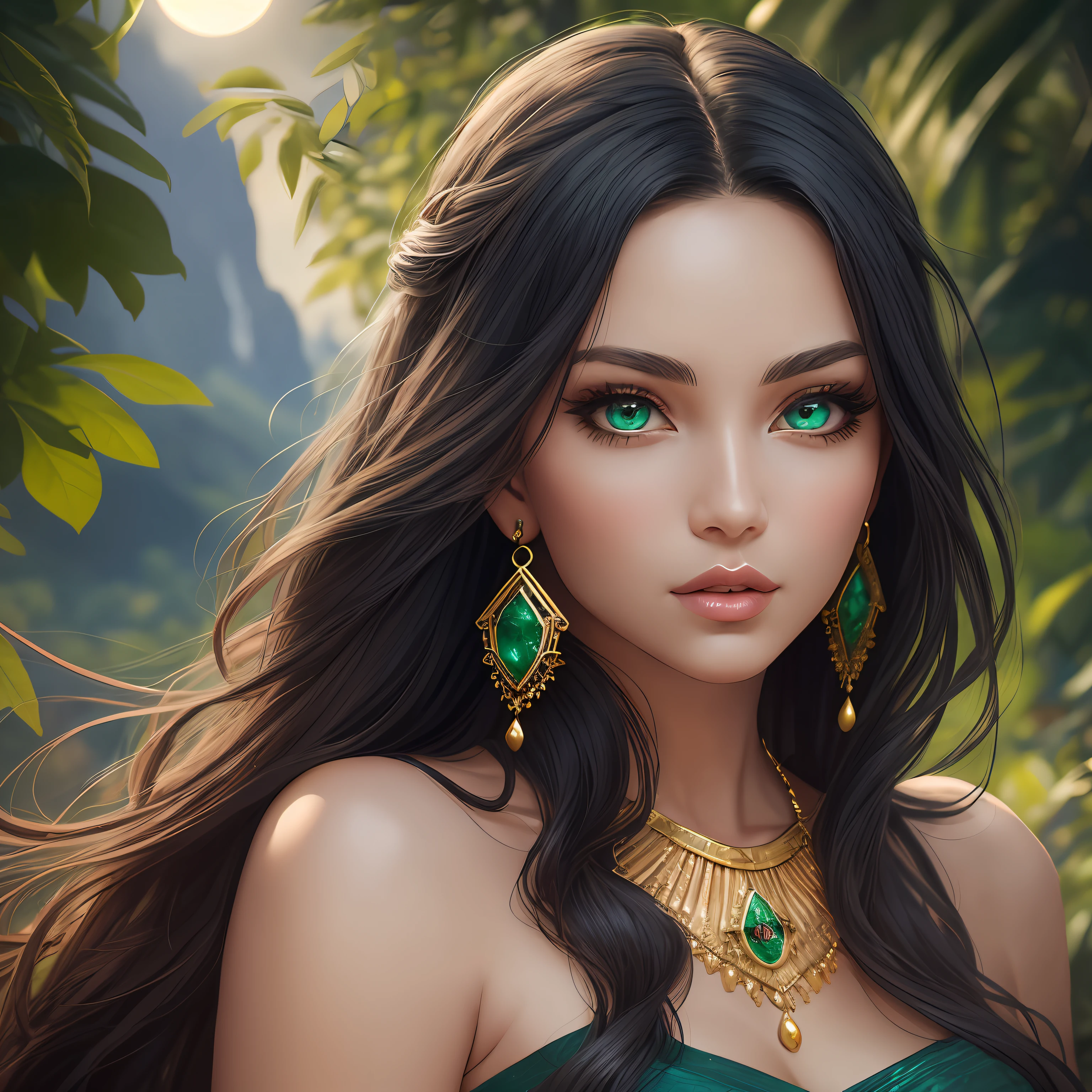 arafed woman with long curly black hair, detailed beautiful face, photorealistic beautiful face, realistic beautiful face, realistic beautiful face, detailed beautiful face, beautiful and realistic faces, hyperrealistic beautiful face, detailed sensual face, beautiful and realistic face, realistic female faces, detailed realistic face, very detailed beautiful face, detailed realistic faces, detailed beautiful face(Masterpiece), high quality, intricate (high detail: 1.1) (perfect face: 1.3), ((huge lips:1.3)), (emerald green eyes), iridescent eyes, (beautiful detailed eyes:1.05), (cinematic light:1.1) glitter, art by Stanley Lau and Artgerm, perfect body, (((full body))) (((full body view))) adult, female, (cowboy shot: 1.2), looking at the viewer, cinematic lighting, outdoors, gigantic mountains, night, shadows, blue moon, lush vegetation, sari, highly detailed, gold, transparent, jewelry on body, realism, 8k, hd, masterpiece, anatomically correct, high details, textured skin, perfect fingers, Seaart --v 6