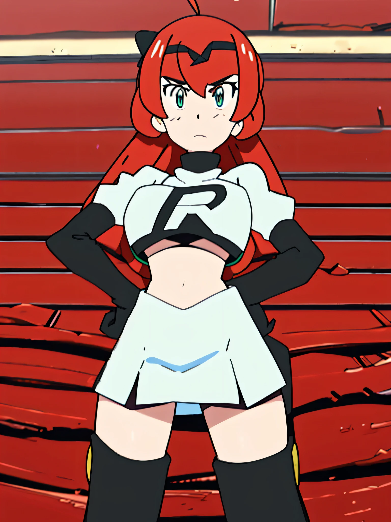 8k,1girl in, (solo:1.1), (perfect body:1.1), (best quality:1.1), very large breast, team rocket uniform, red letter r, white skirt,white crop top,black thigh-high boots, black elbow gloves, glaring angrily, looking down at viewer, hands on hips,zettai ryouiki,cowboy shot, Penny