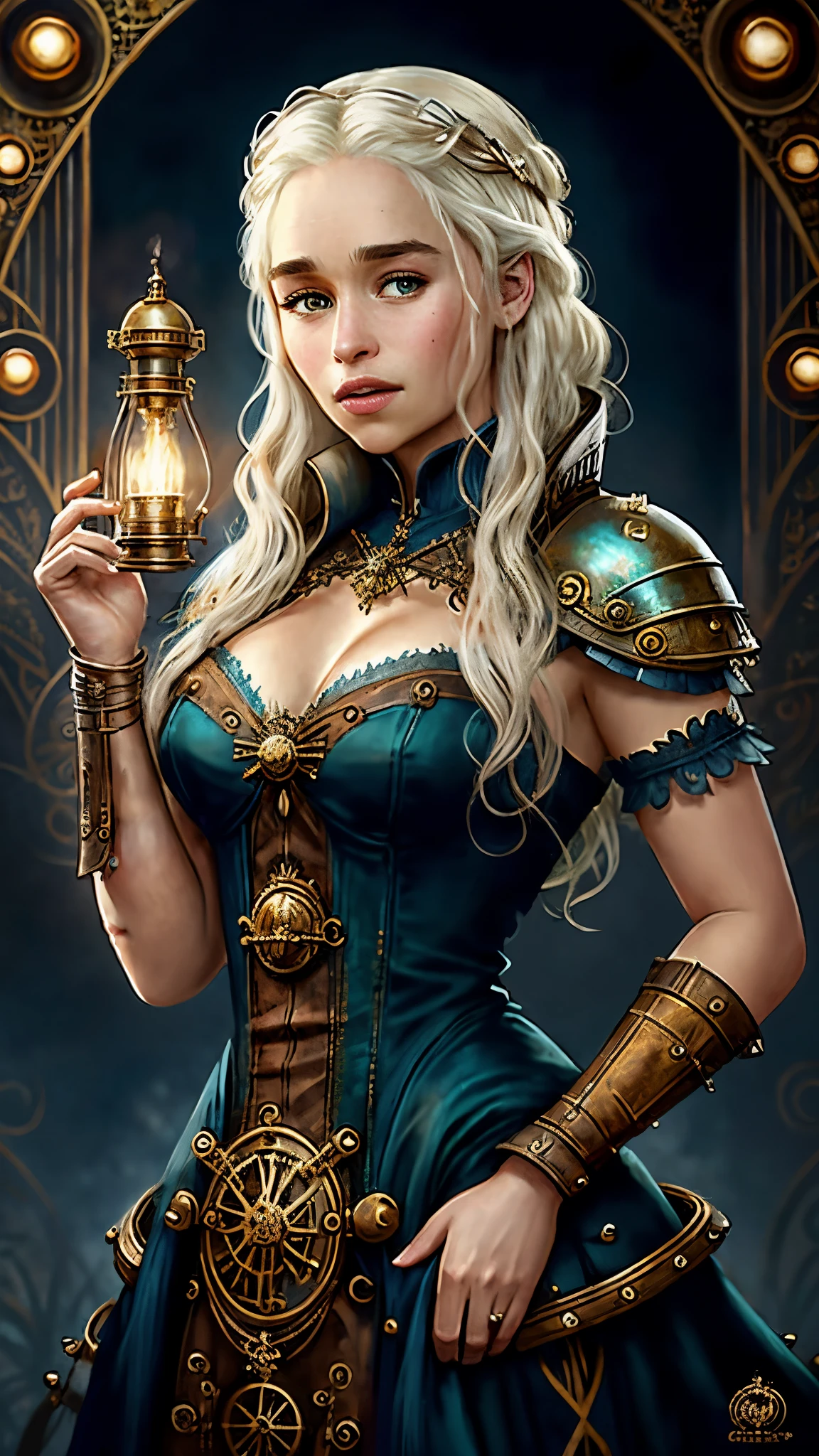 steampunkai, (Emilia Clarke) as Daenerys Targaryen, steampunk white locks, steampunk inticate blue dress, steampunk dragon mistress, on a party, 1woman, solo, beautiful detailed glow, detailed, cinematic light, intricate detail, realistic, highres, detailed facial features, high detail, sharp focus, smooth, aesthetic, extremely detailed, stamp, octane render