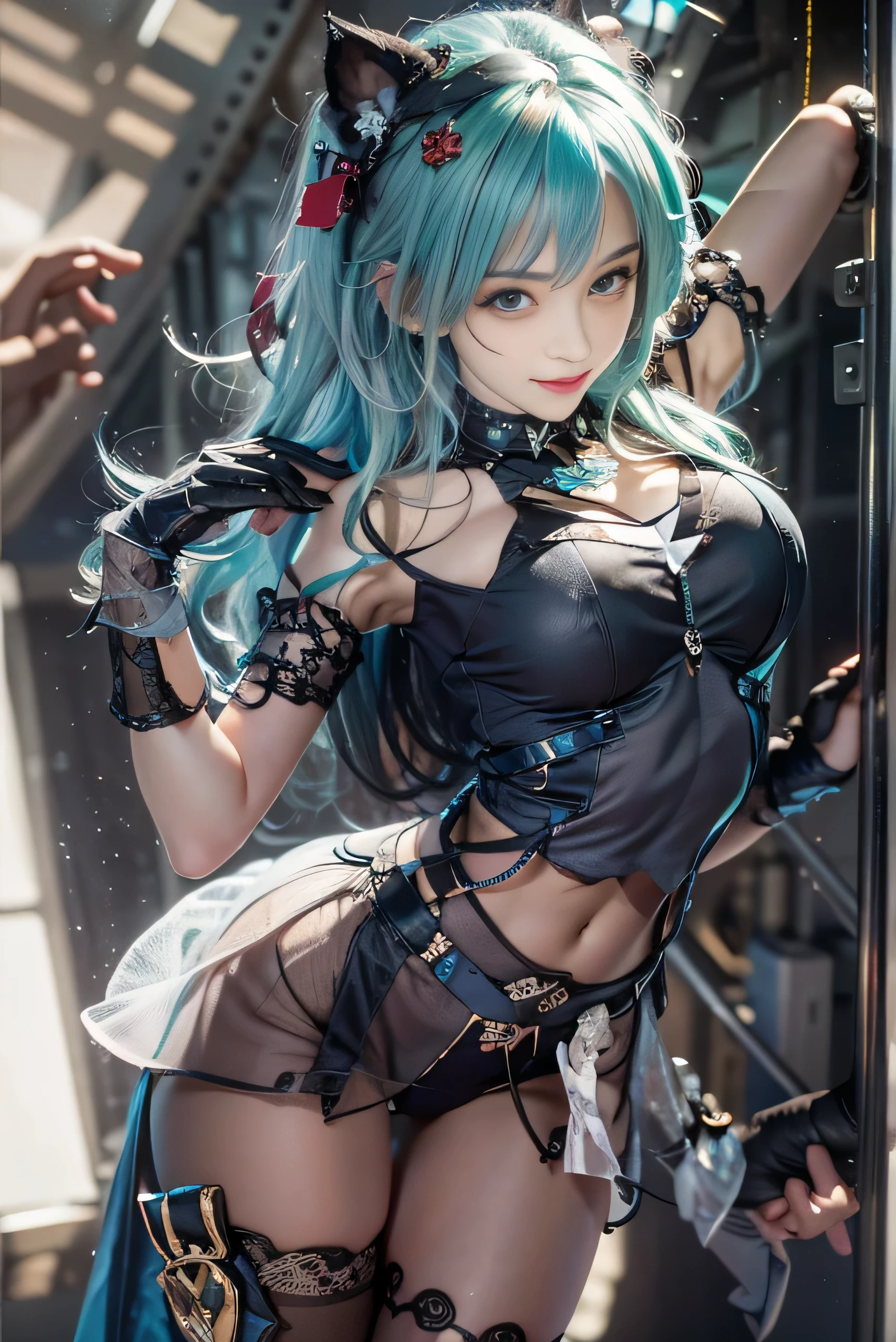 (photorealistic:1.8, highest quality:1.8,8K masterpiece:1.8,High resolution,muste piece:1.8),cat girl,(Black latex,bondage.Cat ear,flare skirt,choker,stockings),beautiful detailed blue eyes:1.7,double eyelid:1.6,beautiful skin:1.8, (looking at the camera:1.2),(View from the front:1.3),( short Hair:1.2,Beautiful shining blue lime hair:1.5), expression(Impish Smile:1.3,face turns red:1.3),(Moderate chest:1.3),Pause(Seductive pose:1.5),background(ruins),(detailed perfect face),anatomically correct,normal hands:1.5,normal finger:1:5,normal feet:1.5,(cameltoe)