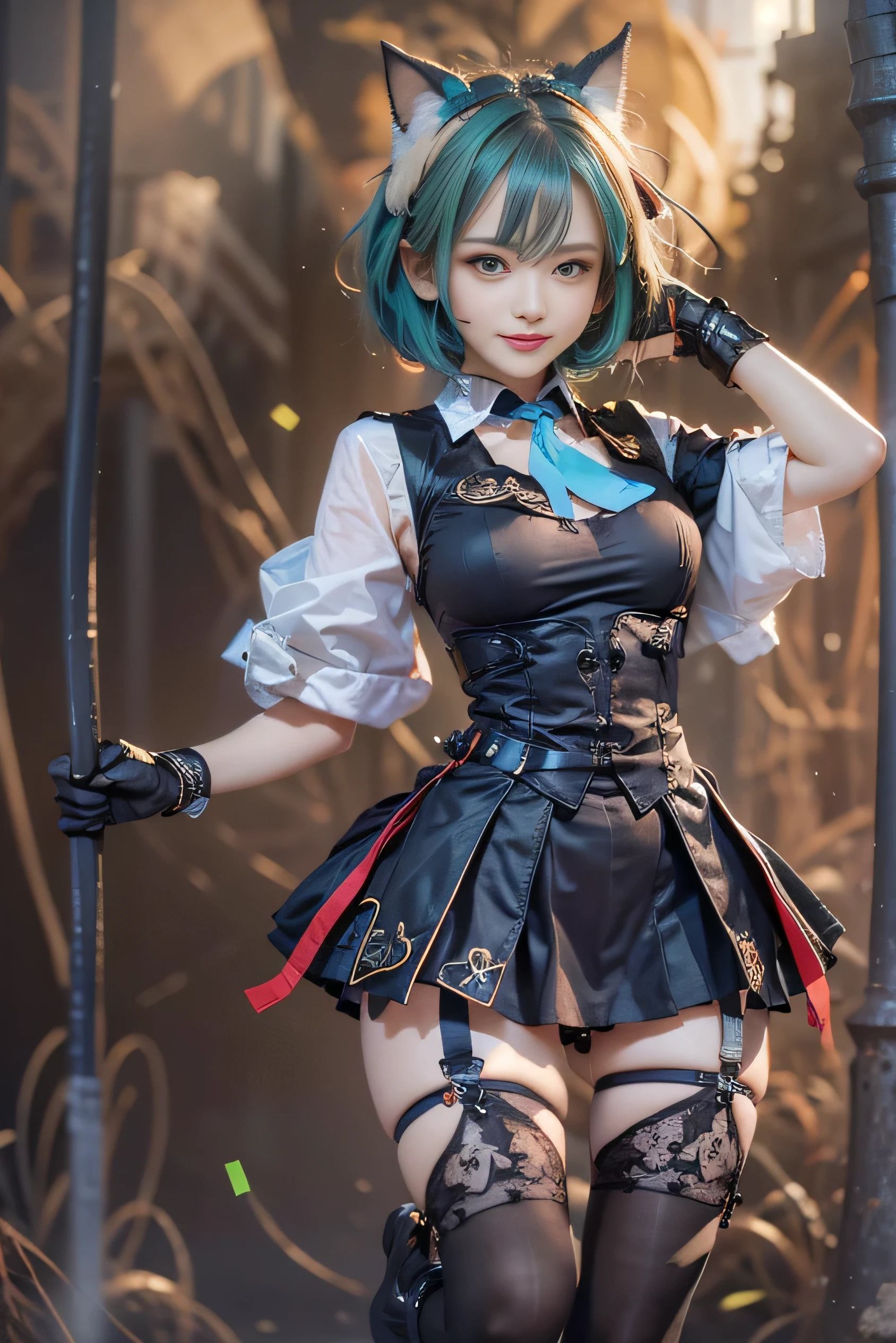 (photorealistic:1.8, highest quality:1.8,8K masterpiece:1.8,High resolution,muste piece:1.8),cat girl,(Black latex,bondage.Cat ear,flare skirt,choker,stockings),beautiful detailed blue eyes:1.7,double eyelid:1.6,beautiful skin:1.8, (looking at the camera:1.2),(View from the front:1.3),( short Hair:1.2,Beautiful shining blue lime hair:1.5), expression(Impish Smile:1.3,face turns red:1.3),(Moderate chest:1.3),Pause(Seductive pose:1.5),background(ruins),(detailed perfect face),anatomically correct,normal hands:1.5,normal finger:1:5,normal feet:1.5,(cameltoe)