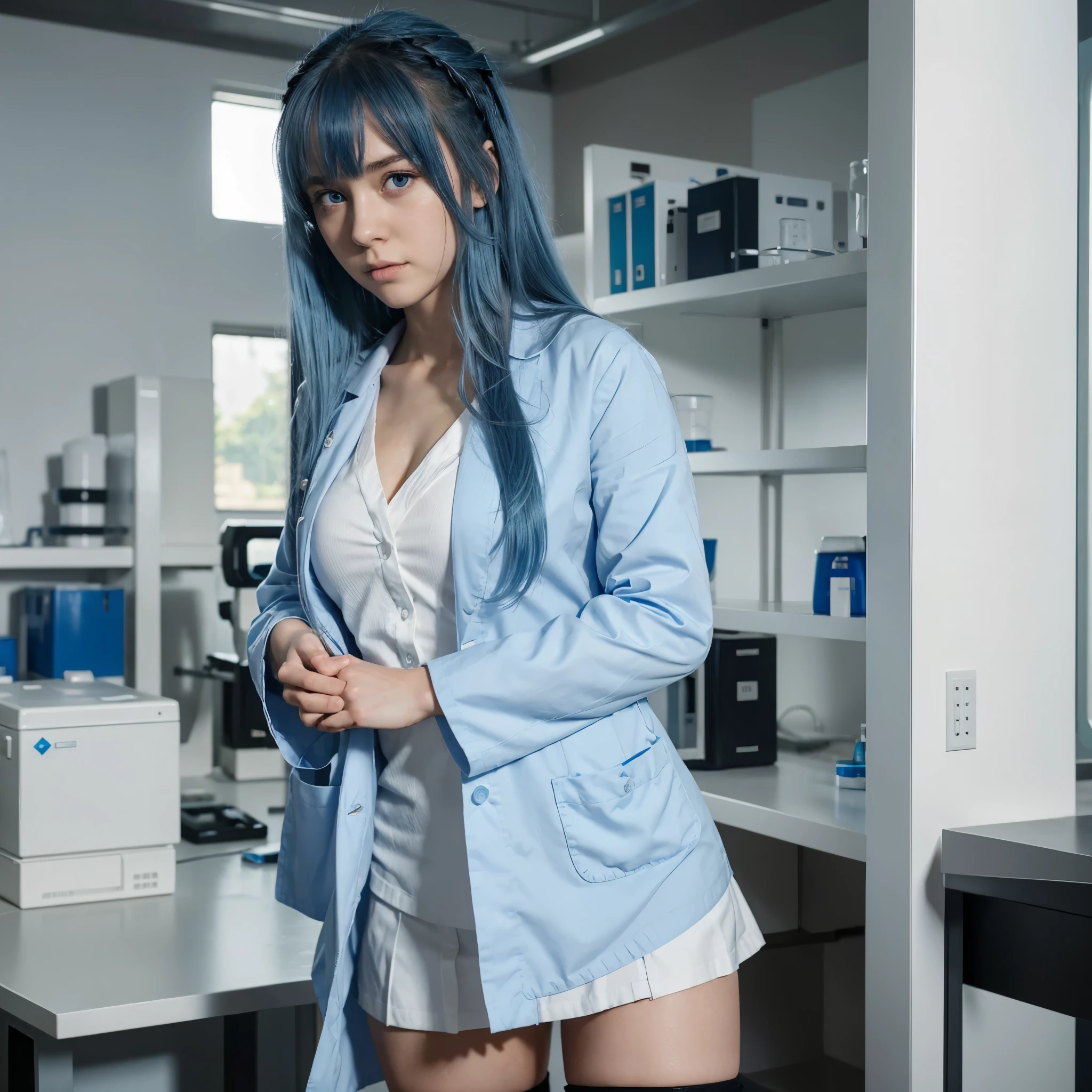 Masterpiece, Best quality, high quality, A high resolution, 1 girl, One, water (Konosuba), blue hair, long hair, Blue eyes, White shirt ,Long lab coat, Black Office Skirt, thigh high, whole body, standing, hands in pockets, bored, depth of field, laboratory,