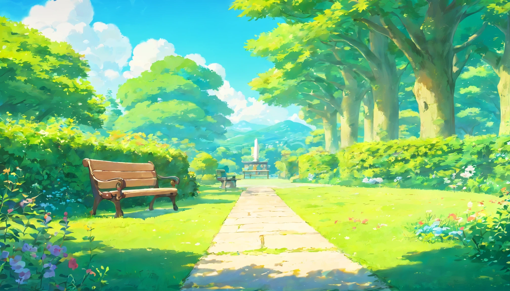 wood々overgrown park、wide lawn、no people、blue sky、White cloud、bird、sunny、bench