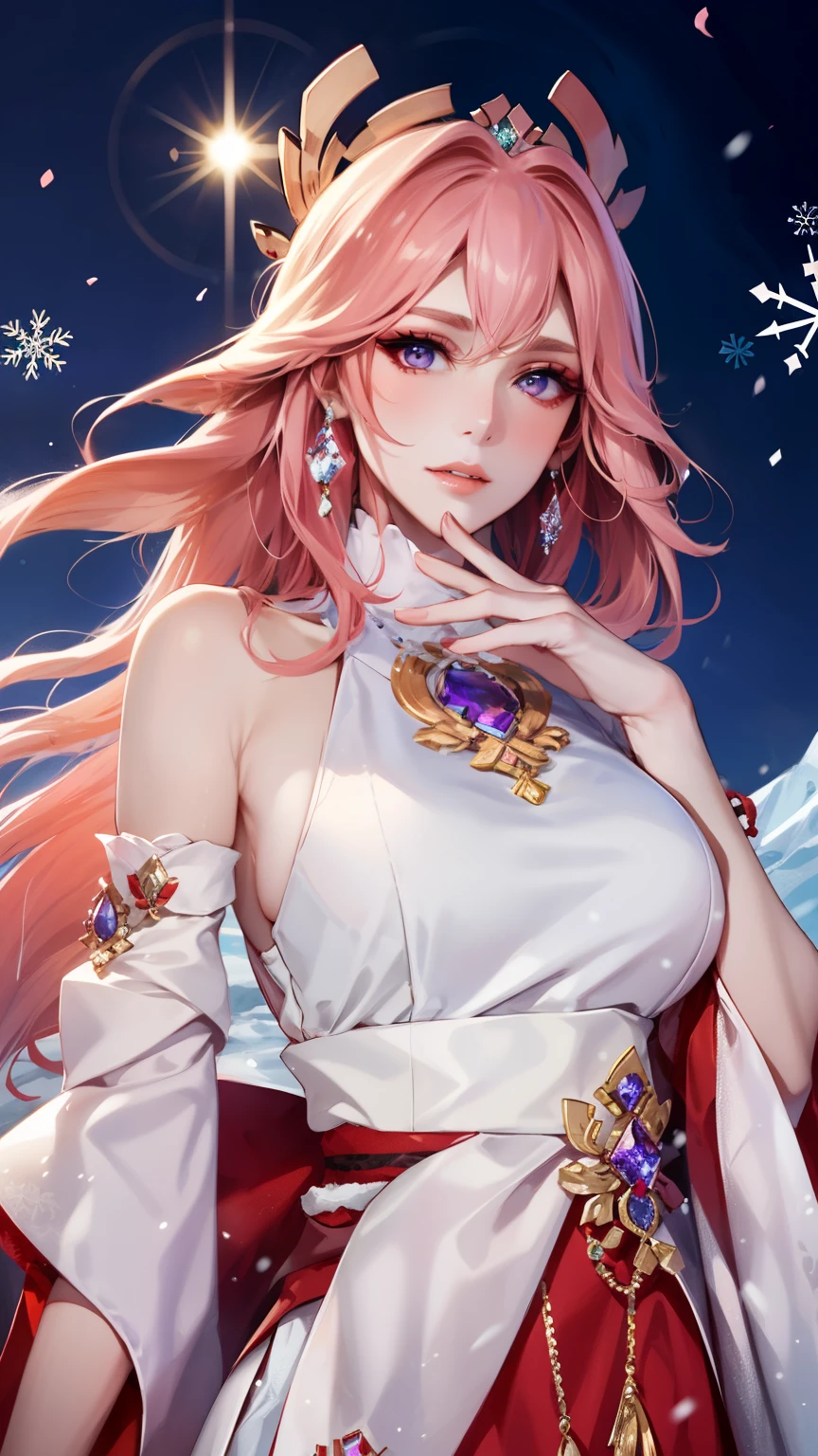 The Iceberg Queen is tall and tall、beautiful woman。She has pink hair，like ice in winter，Exudes a mysterious and icy aura。她的头发Soft and smooth，Clear as ice and snow，Each one exudes a faint pink light。Highly detailed face，Realistic and detailed skin，perfect appearance，Eyebrows and lips are perfectly detailed。
The queen&#39;s face is very graceful and luxurious，The eyebrows are curved like the moon，Lips slightly pursed，Exudes a touch of pride and confidence。Melon seed face is as white as snow，Soft and smooth，Like a carefully crafted piece of art。Her eyes were deep and clear，purple eyes，It reveals wisdom and determination。
The iceberg queen wears a gorgeous and elegant dress，The skirt is made of royal blue chiffon，Light and flowy。Skirt features delicate pleats，like falling snowflakes，There seemed to be a charming scenery behind her。
Her body is inlaid with a series of exquisite jewelry，Exuding an icy light，Matches her pink hair very well。The Queen wears a sparkling blue diamond ring on her ring finger，Make her more noble and elegant。
The environment where the Iceberg Queen is located seems to be a perfect reflection of the world of ice and snow.。It is surrounded by rolling glaciers and towering snow-capped mountains，The sun shines on the snow，The whole environment is filled with bright light。The cold wind blows gently，Bring a touch of coolness，But this did not diminish the majesty and temperament of the queen in the slightest。
Generally speaking，iceberg queen with pink hair、Good-looking headdress，super huge tits，humped ，sexy，Noble and elegant appearance、Gorgeous makeup and costumes，and the purity and mystery of the ice and snow world around her.，Can&#39;t ignore her presence，whole body