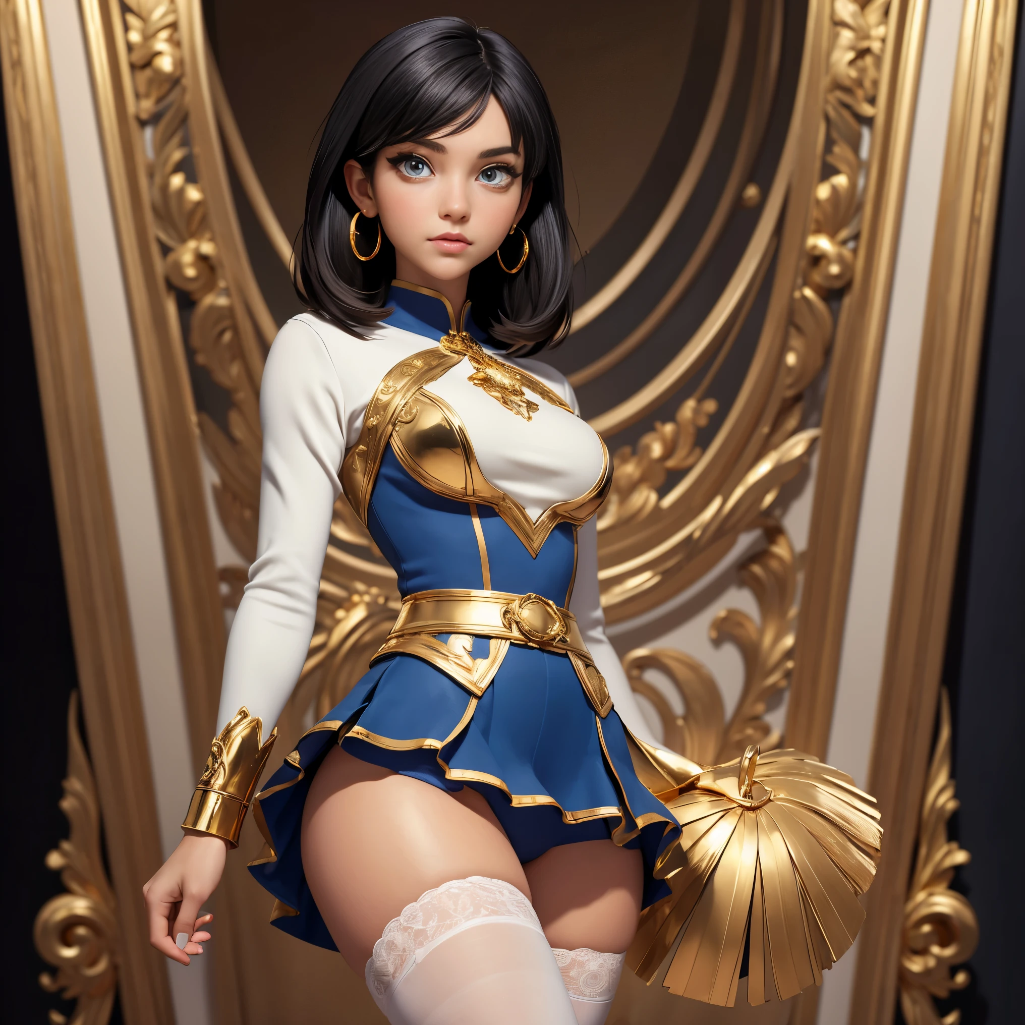 ((((masterpiece)))), high quality, very_high_resolution, large_filesize, full color, gold eyes, detailed iris, detailed eyes, cute, adorable, beautiful, high contrast, 5 fingers, slim body, bobbed haircut, medium hair length, hoop gold earrings, black hair, small breasts, full body display, blue white and gold cheerleader outfit, white thigh high socks