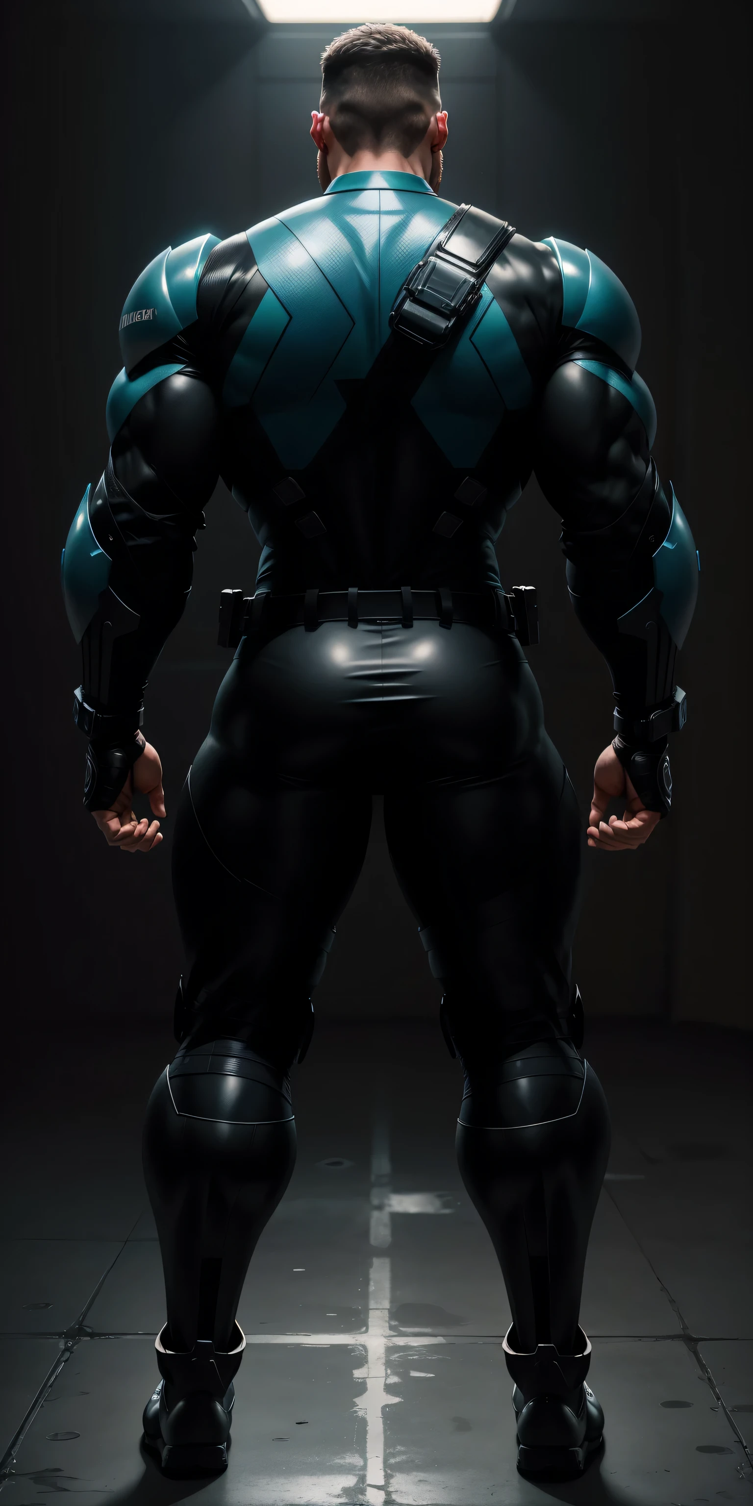 特别High背影, huge, and muscular police officer,Bright black mesh nano-mecha,Colorful light effects surround the whole body,round butt,Highlights,character concept(Resident Evil - chris redfield,chris redfield)senior police officer,small grid texture,regular symmetrical texture pattern,sad expression,Deep and charming eyes,Standing in bright mechanical laboratory,Emerald Eyes Hero,heroic male pose,高大burly,muscular!Charming leg muscles,High, burly, Heqiang, Super gain and cool, high resolution committee, Big feet in shiny black ultra-thin nanomechanical boots,Charming strong man,The bright sunshine is shining on you,matte particles,shiny texture