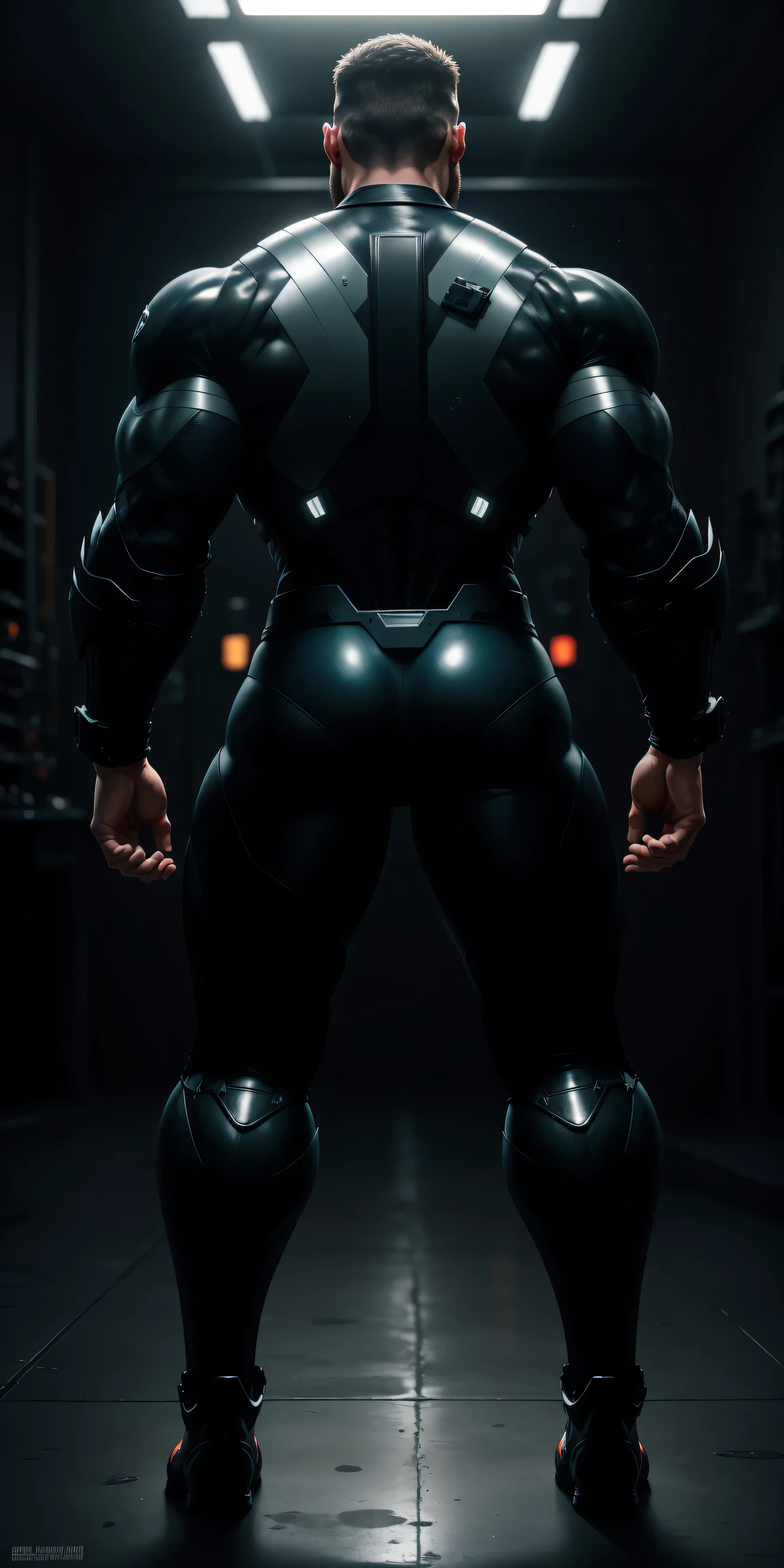 特别High背影, huge, and muscular police officer,Bright black mesh nano-mecha,Colorful light effects surround the whole body,round butt,Highlights,character concept(Resident Evil - chris redfield,chris redfield)senior police officer,small grid texture,regular symmetrical texture pattern,sad expression,Deep and charming eyes,Standing in bright mechanical laboratory,Emerald Eyes Hero,heroic male pose,高大burly,muscular!Charming leg muscles,High, burly, Heqiang, Super gain and cool, high resolution committee, Big feet in shiny black ultra-thin nanomechanical boots,Charming strong man,The bright sunshine is shining on you,matte particles,shiny texture