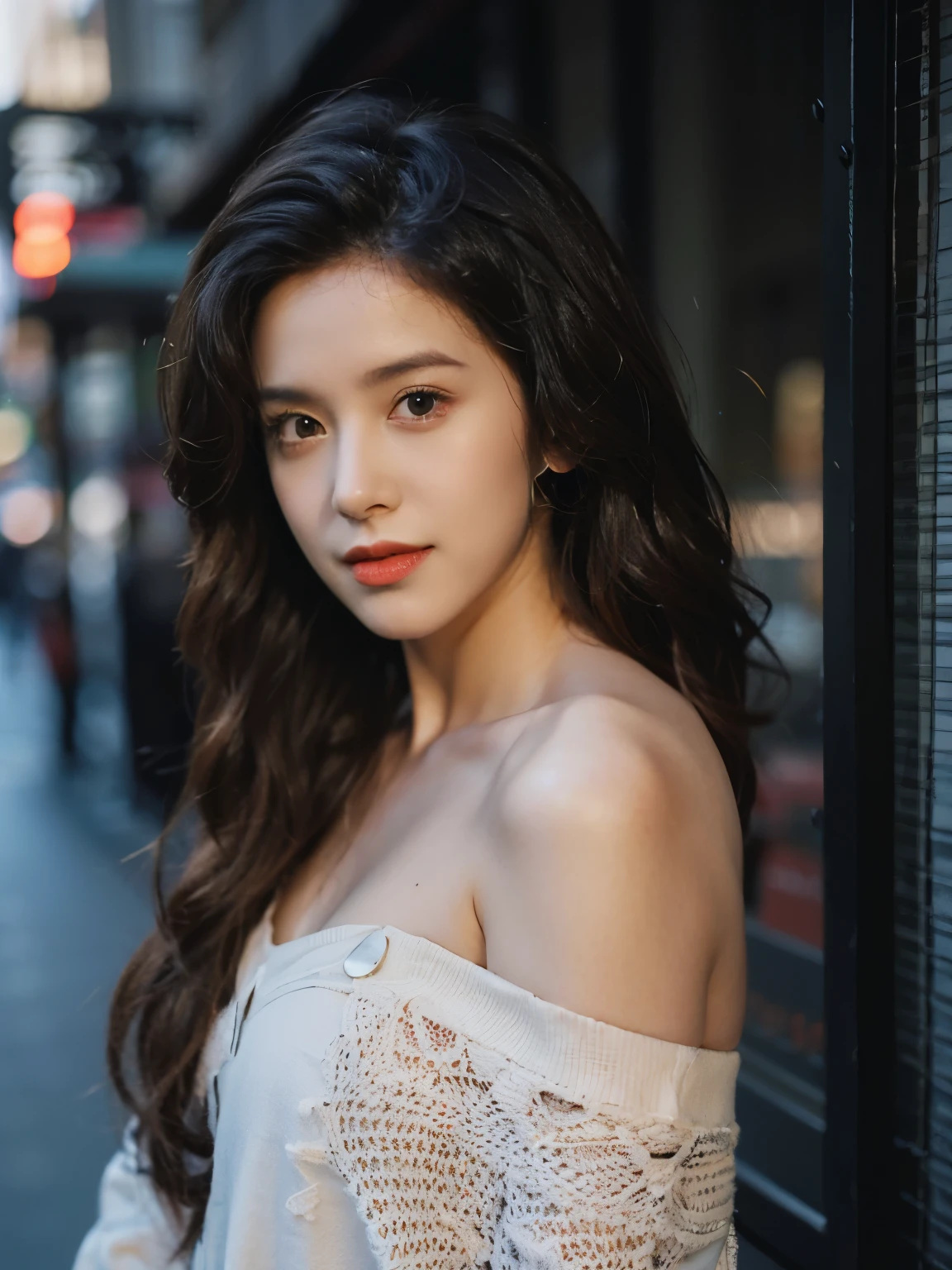 Portrait draw beautiful girl dark hair, gray eyes, open shirt, lachs, on the street, fashion, cinematic, professional photographer, B&W