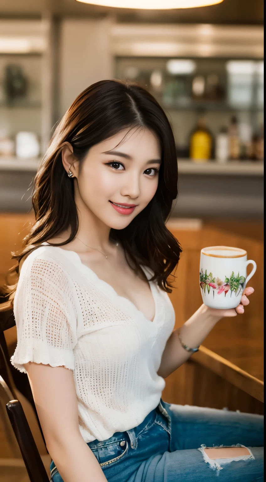 (Best quality, 8k, 32k, Masterpiece, UHD:1.2),Photo of Pretty Japanese woman,(detailed face:1.1), simple black suit, (looking at viewer:1.1),upper body,necklace,dress shirt,skirt,holding mug,reaching out,smile