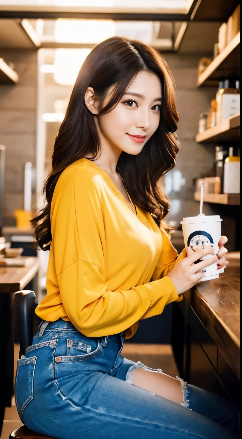 4k, 8k, high resolution, model makeup 1.3、Gold ratio 1.2, realistic pictures (1 cute korean star) medium hair, light makeup, medium chest size, smile a little, wearing a v-neck shirt, jeans, sitting at the bar, with coffee mug, first person perspective, shortening, ray tracing, cast a shadow, 8k, Super detailed, Hmm, Super detailed, 16k