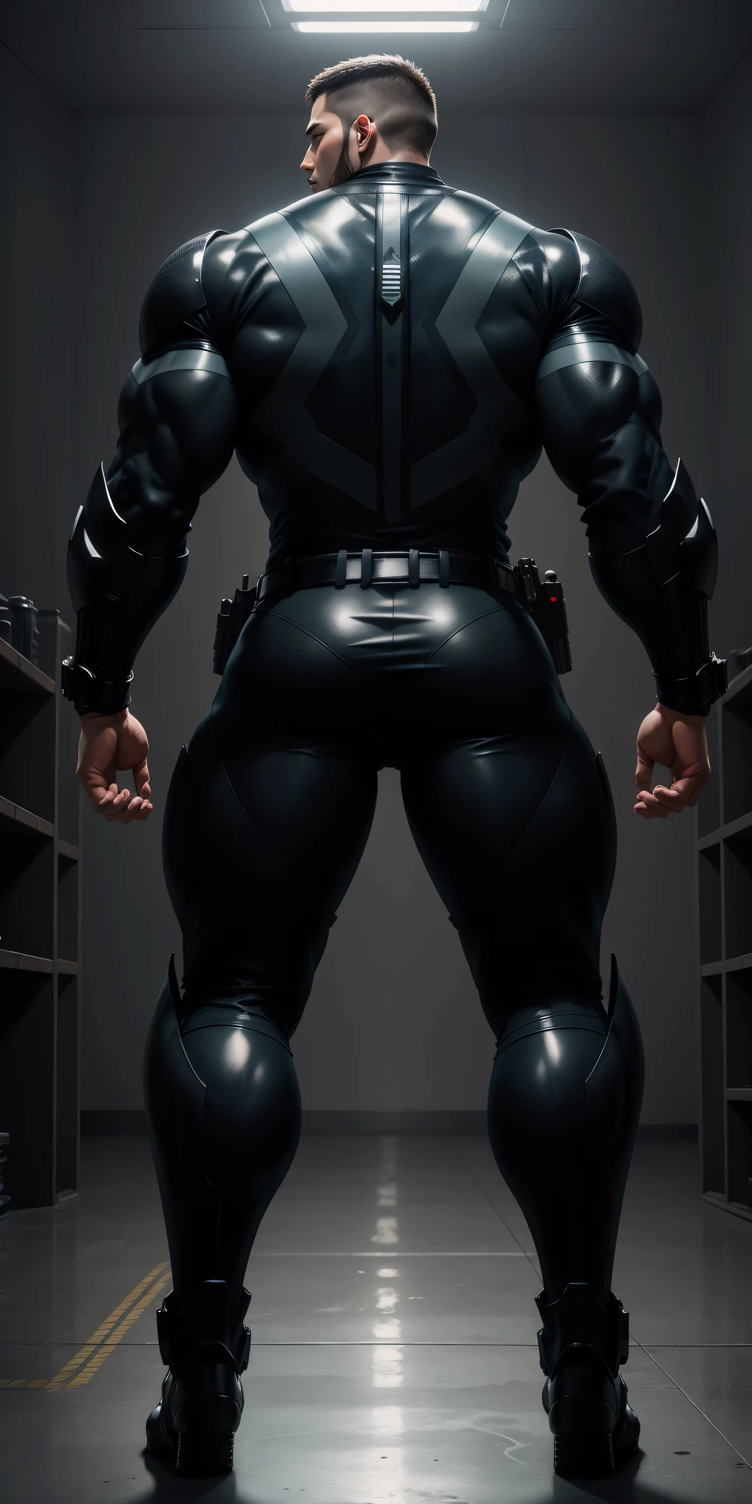 特别High背影, huge, and muscular police officer，Bright black mesh nano-mecha，Colorful light effects surround the whole body，round butt，Highlights，character concept（Resident Evil - chris redfield，chris redfield）senior police officer，small grid texture，regular symmetrical texture pattern，sad expression，Deep and charming eyes，Standing in bright mechanical laboratory，Emerald Eyes Hero，heroic male pose，高大burly，muscular！Charming leg muscles，High, burly, Heqiang，  Super gain and cool， high resolution committee， Big feet in shiny black ultra-thin nanomechanical boots，Charming strong man，The bright sunshine is shining on you，matte particles，shiny texture